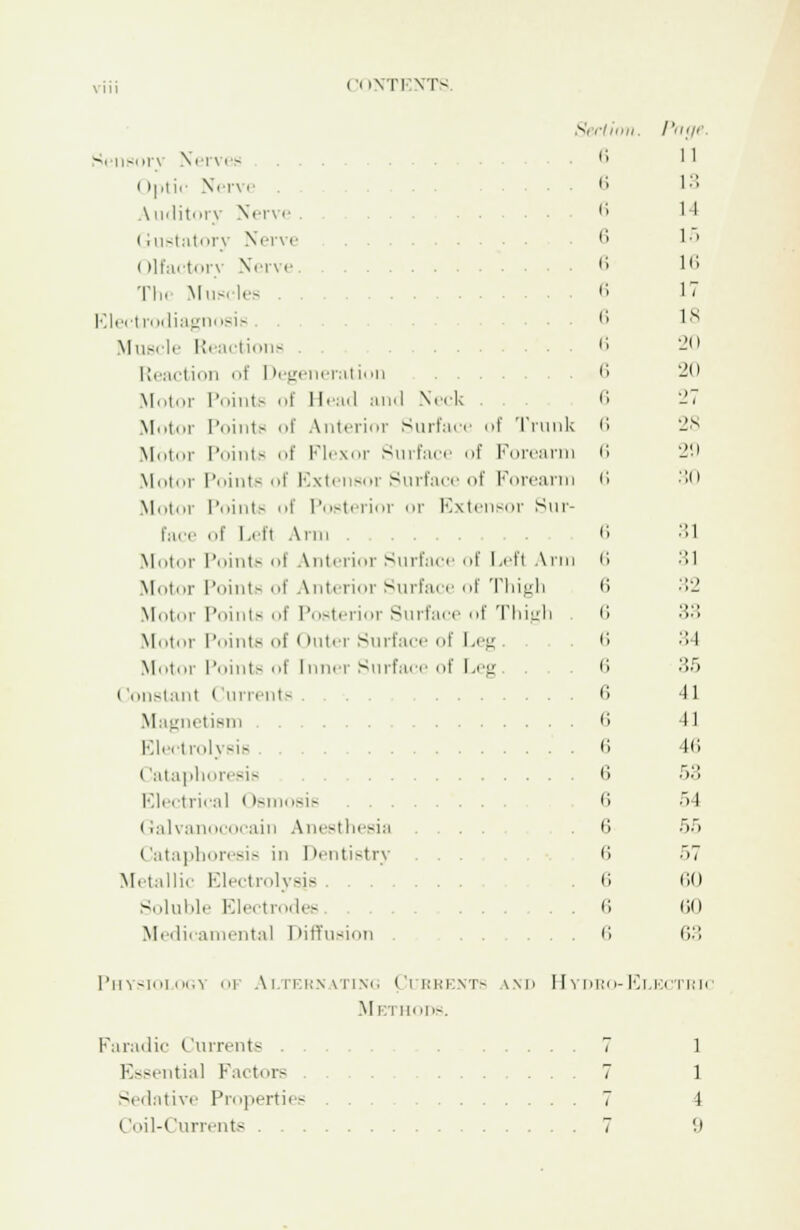 Section. Rnge 6 11 6 13 (i 1 1 6 15 6 16 6 17 6 18 6 20 6 20 6 •)~ 6 28 6 30 i :i >\TENTS Sensorv Nerves ... ... Optic Nerve . Auditory Nerve . Gustatory Nerve Olfactory Nerve The Muscles ... Elecl rodiagnosis Muscle Reactions . Reaction of Degeneration Motor Points of Head and Neck . . Motor Points of Anterior Surface of Trunk Motor Points of Flexor Surface of Forearm Motor Points of Extensor Surface of Forearm • Mi.tor Points of Posterior or Extensor Sur- face of l.i li Arm • i; Motor Points >>l Anterior Surface of Left Ann 6 Motor Points of Anterior Surface of Thigh Motor Points of Posterior Surface of Thigh Motor l'ints of < >uter Surface of Leg . Motor Points of Inner Surface of Leg . . i lonstant (Jurrents . . 6 Magnetism Electrolysis 6 (lataphoresis Electrical < temosis Gah anoci icain Anesthesia .... Cataphoresis in Dentistry . . . Metallic Electrolysis Soluble Electrodes ........ Physiology of Alternating Currents and Hydro-Electric Methods. Faradic Currents ... 7 1 Essential Factors 7 1 Sedative Properties 7 4 Coil-Current.- 7 9 li 32 6 33 6 :il 6 35 (i 41 (i 11 <i Hi (i 53 (i 54 6 55 i; 57 6 60 6 (ill