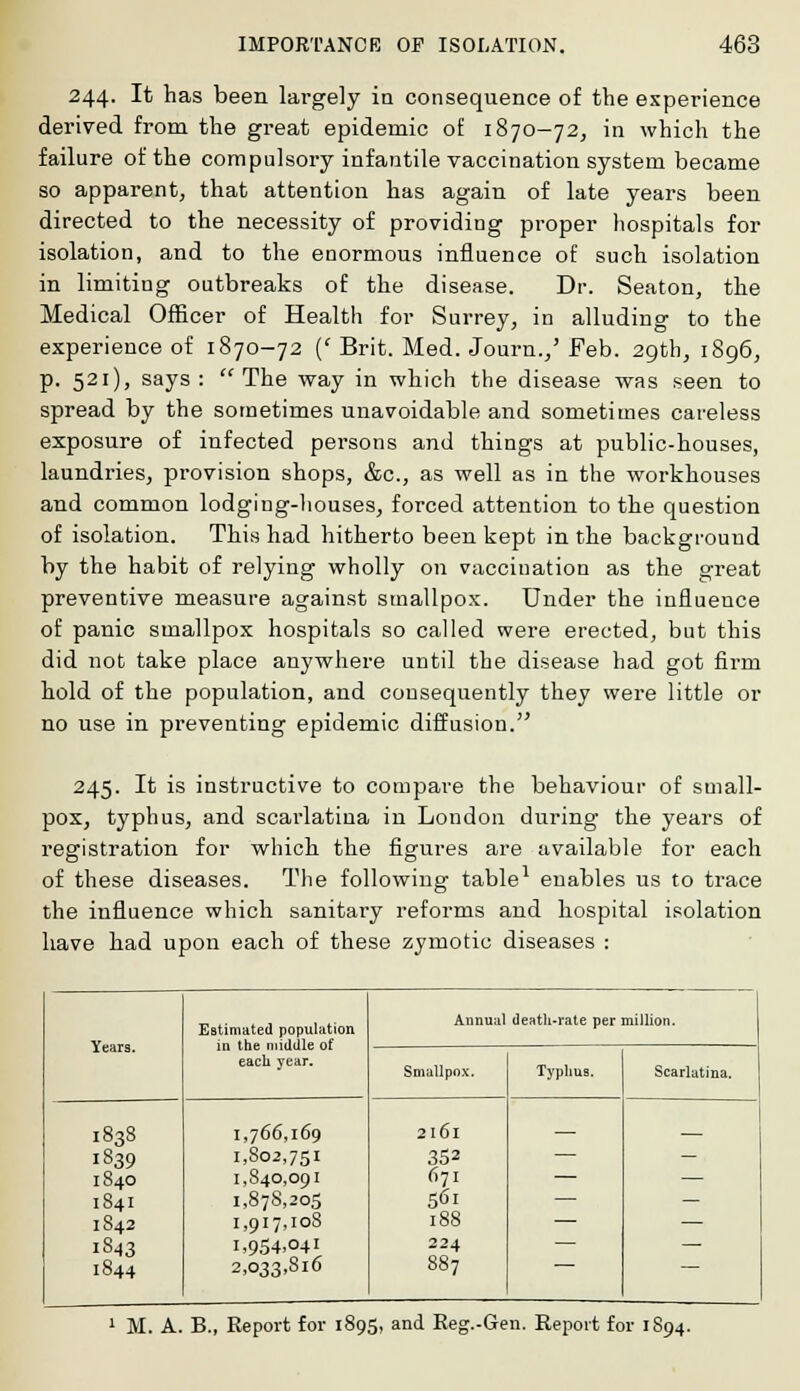 244. It has been largely in consequence of the experience derived from the great epidemic of 1870-72, in which the failure of the compulsory infantile vaccination system became so apparent, that attention has again of late years been directed to the necessity of providing proper hospitals for isolation, and to the enormous influence of such isolation in limiting outbreaks of the disease. Dr. Seaton, the Medical Officer of Health for Surrey, in alluding to the experience of 1870-72 (' Brit. Med. Journ.,' Feb. 29th, 1896, p. 521), says :  The way in which the disease was seen to spread by the sometimes unavoidable and sometimes careless exposure of infected persons and things at public-houses, laundries, provision shops, &c, as well as in the workhouses and common lodging-houses, forced attention to the question of isolation. This had hitherto been kept in the background by the habit of relying wholly on vaccination as the great preventive measure against smallpox. Under the influence of panic smallpox hospitals so called were erected, but this did not take place anywhere until the disease had got firm hold of the population, and consequently they were little or no use in preventing epidemic diffusion. 245. It is instructive to compare the behaviour of small- pox, typhus, and scarlatina in London during the years of registration for which the figures are available for each of these diseases. The following table1 enables us to trace the influence which sanitary reforms and hospital isolation have had upon each of these zymotic diseases : Years. Estimated population in the middle of eacli year. Annual death-rate per million. Smallpox. Typhus. Scarlatina. 1838 1839 1840 1841 1S42 1S43 1844 1,766,169 1,802,751 1,840,091 1,878,205 1,917,108 1,954.041 2,033,816 2l6l 352 671 561 188 224 887 — — 1 M. A. B., Report for 1895, and Reg.-Gen. Report for 1894.