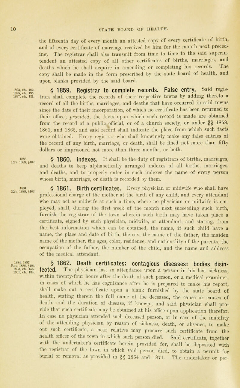 the fifteenth day of every month an attested copy of every certificate of birth, and of every certificate of marriage received by him for the month next preced- ing. The registrar shall also transmit from time to time to the said superin- tendent an attested copy of all other certificates of births, marriages, and deaths which he shall acquire in amending or completing his records. The copy shall be made in the form prescribed by the state board of health, and upon blanks provided by the said board. iff a us § 1859- Re9'strar to complete records. False entry. Said regis- 1897! ch! 121.' trars shall complete the records of their respective towns by adding thereto a record of all the births, marriages, and deaths that have occurred in said towns since the date of their incorporation, of which no certificate has been returned to their office; provided, the facts upon which such record is made are obtained from the record of a public official, or of a church society, or under §§ 1858, 1861, and 1862, and said record shall indicate the place from which such facts were obtained. Every registrar who shall knowingly make any false entries of the record of any birth, marriage, or death, shall be fined not more than fifty dollars or imprisoned not more than three months, or both. „ }!££•,<«. § 1860. Indexes. It shall be the duty of registrars of births, marriages, Rev 1888, §102. **  t t and deaths to keep alphabetically arranged indexes of all births, marriages, and deaths, and to properly enter in such indexes the name of every person whose birth, marriage, or death is recorded by them. 1884. § 1861. Birth Certificates. Every physician or midwife who shall have professional charge of the mother at the birth of any child, and every attendant who may act as midwife at such a time, where no physician or midwife is em- ployed, shall, during the first week of the month next succeeding such birth, furnish the registrar of the town wherein Buch birth may have taken place a certificate, signed by such physician, midwife, or attendant, and stating, from the best information which can be obtained, the name, if such child have a name, the place and date of birth, the sex, the name of the father, the maiden name of the mother, the ages, color, residence, and nationality of the parents, the occupation of the father, the number of the child, and the name and address of the medical attendant. RefU^iM. § 1862- Death certificates; contagious diseases; bodies disin- lio?; ct w. fCCted. The physician last in attendance upon a person in his last sickness, within twenty-four hours after the death of such person, or a medical examiner, in cases of which he has cognizance after he is prepared to make his report, shall make out a certificate upon a blank furnished by the state board of health, stating therein the full name of the deceased, the cause or causes of death, and the duration of disease, if known; and said physician shall pro- vide that such certificate may be obtained at his office upon application therefor. In case no physician attended such deceased person, or in case of the inability of the attending physician by reason of sickness, death, or absence, to make out such certificate, a near relative may procure such certificate from the health officer of the town in which such person died. Said certificate, together with the undertaker's certificate herein provided for, shall be deposited with the registrar of the town in which said person died, to obtain a permit for burial or removal as provided in §§ 1864 and 1871. The undertaker or per-