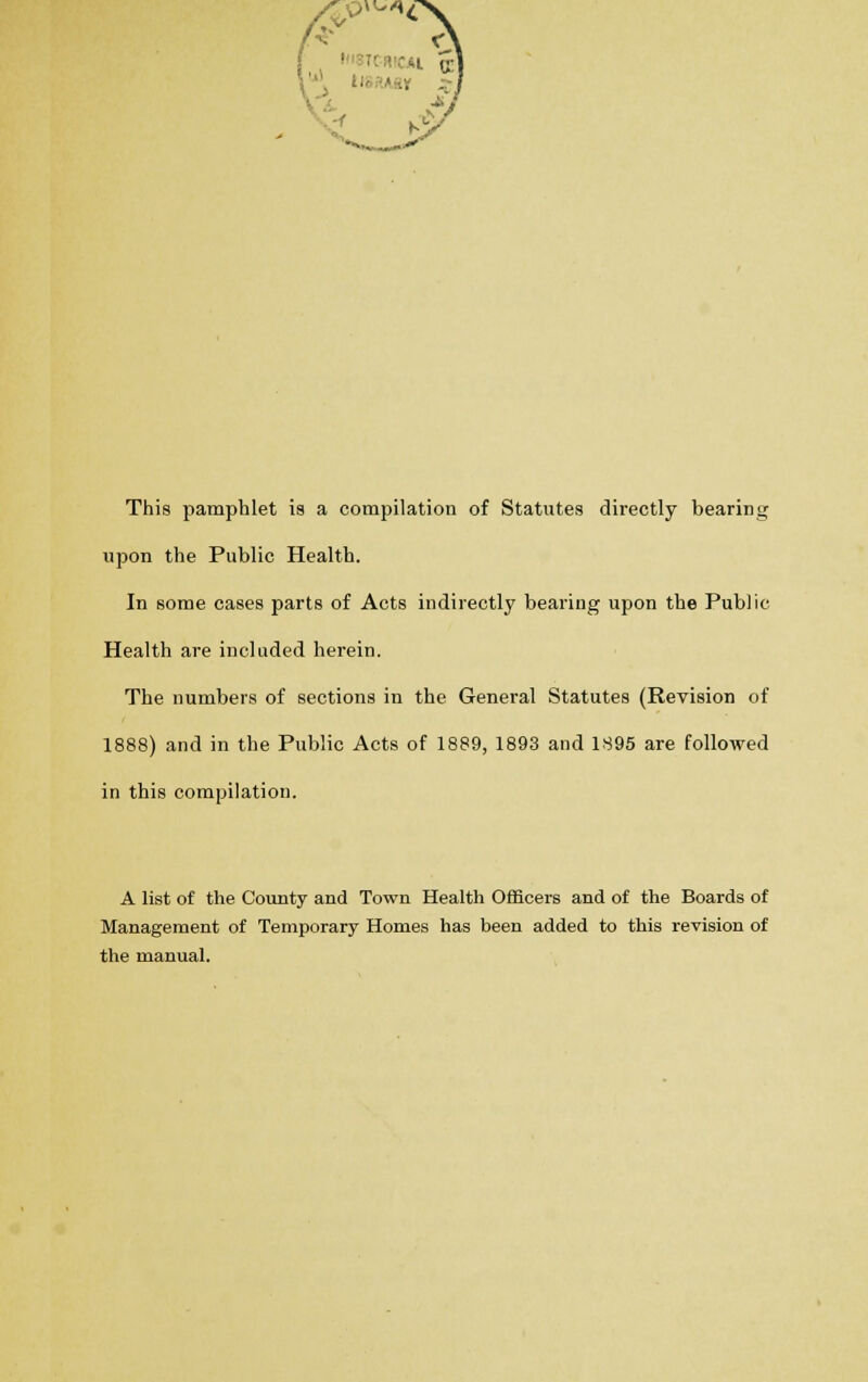 This pamphlet is a compilation of Statutes directly bearing upon the Public Health. In some cases parts of Acts indirectly bearing upon the Public Health are included herein. The numbers of sections in the General Statutes (Revision of 1888) and in the Public Acts of 1889, 1893 and 1895 are followed in this compilation. A list of the County and Town Health Officers and of the Boards of Management of Temporary Homes has been added to this revision of the manual.