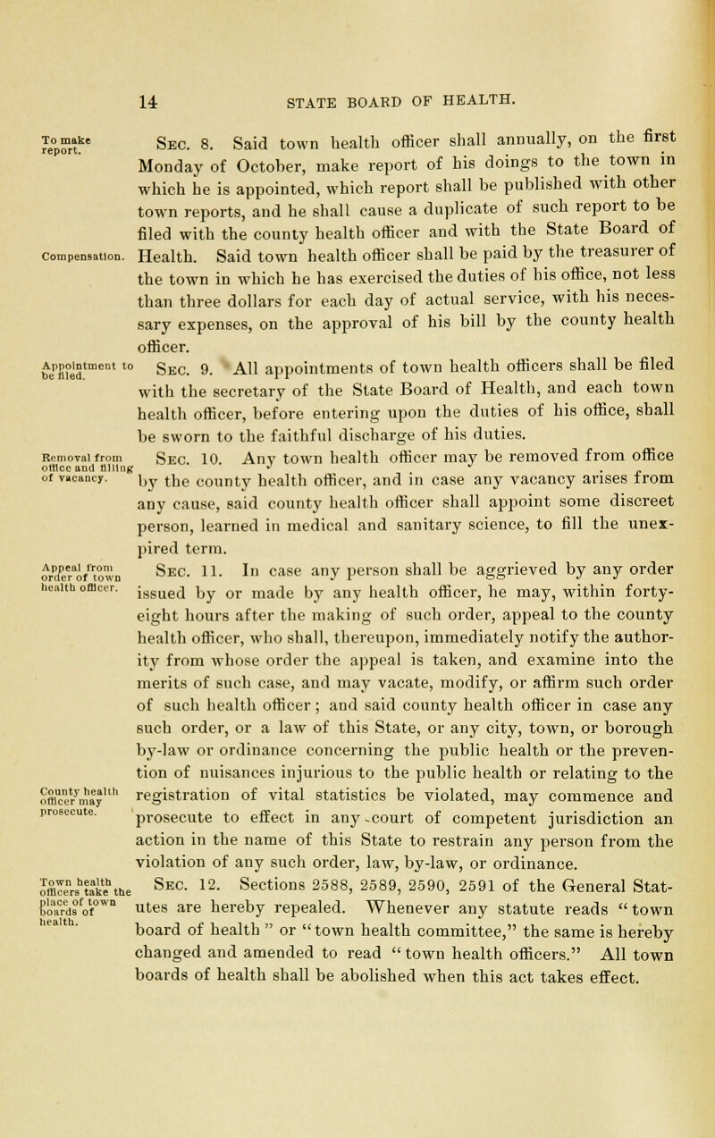 To make report. Appointment to Denied. Sec. 8. Said town health officer shall annually, on the first Monday of October, make report of his doings to the town in which he is appointed, which report shall be published with other town reports, and he shall cause a duplicate of such report to be filed with the county health officer and with the State Board of compensation. Health. Said town health officer shall be paid by the treasurer of the town in which he has exercised the duties of his office, not less than three dollars for each day of actual service, with his neces- sary expenses, on the approval of his bill by the county health officer. Sec. 9. All appointments of town health officers shall be filed with the secretary of the State Board of Health, and each town health officer, before entering upon the duties of his office, shall be sworn to the faithful discharge of his duties. Removal from SEC io Anv town health officer may be removed from office office and ailing • J of vacancy. \}y tjje county health officer, and in case any vacancy arises from any cause, said county health officer shall appoint some discreet person, learned in medical and sanitary science, to fill the unex- pired term. Sec. 11. In case any person shall be aggrieved by any order issued by or made by any health officer, he may, within forty- eight hours after the making of such order, appeal to the county health officer, who shall, thereupon, immediately notify the author- ity from whose order the appeal is taken, and examine into the merits of such case, and may vacate, modify, or affirm such order of such health officer ; and said county health officer in case any such order, or a law of this State, or any city, town, or borough by-law or ordinance concerning the public health or the preven- tion of nuisances injurious to the public health or relating to the registration of vital statistics be violated, may commence and prosecute to effect in any .court of competent jurisdiction an action in the name of this State to restrain any person from the violation of any such order, law, by-law, or ordinance. Sec. 12. Sections 2588, 2589, 2590, 2591 of the General Stat- utes are hereby repealed. Whenever any statute reads town board of health  or town health committee, the same is hereby changed and amended to read  town health officers. All town boards of health shall be abolished when this act takes effect. Appeal from order of town health officer. County health officer may prosecute. Town health officers take the place of town boards of health.