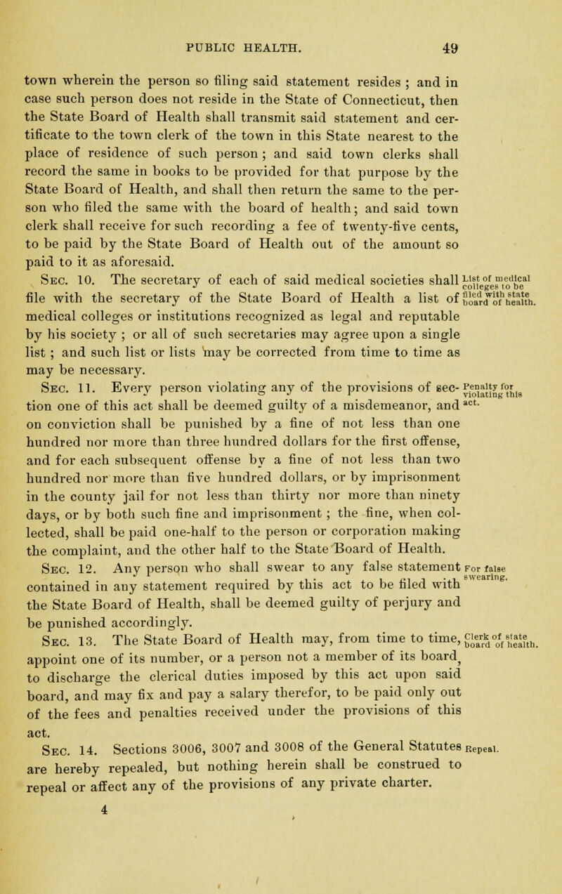 town wherein the person so filing said statement resides ; and in case such person does not reside in the State of Connecticut, then the State Board of Health shall transmit said statement and cer- tificate to the town clerk of the town in this State nearest to the place of residence of such person ; and said town clerks shall record the same in books to be provided for that purpose by the State Board of Health, and shall then return the same to the per- son who filed the same with the board of health; and said town clerk shall receive for such recording a fee of twenty-five cents, to be paid by the State Board of Health out of the amount so paid to it as aforesaid. Sec. 10. The secretary of each of said medical societies shall List of medical •J colleges to be file with the secretary of the State Board of Health a list of £oaVorh health. medical colleges or institutions recognized as legal and reputable by his society ; or all of such secretaries may agree upon a single list ; and such list or lists may be corrected from time to time as may be necessary. Sec. 11. Every person violating any of the provisions of sec- ^Jj8]^ f°{,, tion one of this act shall be deemed guilty of a misdemeanor, and act- on conviction shall be punished by a fine of not less than one hundred nor more than three hundred dollars for the first offense, and for each subsequent offense by a fine of not less than two hundred nor more than five hundred dollars, or by imprisonment in the county jail for not less than thirty nor more than ninety days, or by both such fine and imprisonment ; the fine, when col- lected, shall be paid one-half to the person or corporation making the complaint, and the other half to the State Board of Health. Sec. 12. Any person who shall swear to any false statement For false contained in any statement required by this act to be tiled with the State Board of Health, shall be deemed guilty of perjury and be punished accordingly. Sec. 13. The State Board of Health may, from time to time, £iearrkd0off heaam,. appoint one of its number, or a person not a member of its board, to discharge the clerical duties imposed by this act upon said board, and may fix and pay a salary therefor, to be paid only out of the fees and penalties received uoder the provisions of this act. Sec. 14. Sections 3006, 3007 and 3008 of the General Statutes Repeal. are hereby repealed, but nothing herein shall be construed to repeal or affect any of the provisions of any private charter. 4