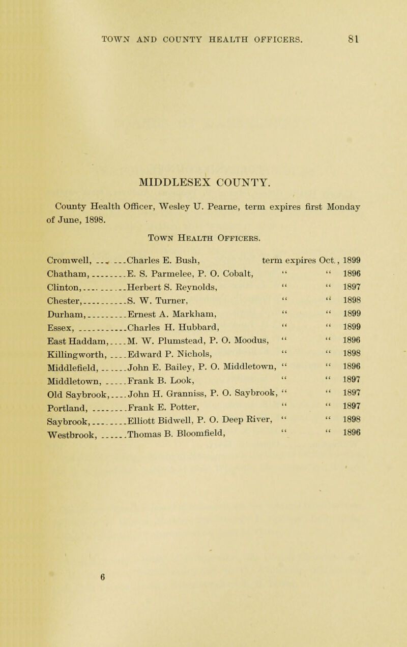 MIDDLESEX COUNTY. County Health Officer, Wesley U. Pearne, term expires first Monday of June, 1898. Town Health Officers. Cromwell, .., Charles E. Bush, Chatham, _E. S. Parmelee, P. O. Cobalt, Clinton, Herbert S. Reynolds, Chester, S. W. Turner, Durham, Ernest A. Markham, Essex, Charles H.Hubbard, EastHaddam, M. W. Plumstead, P. O. Moodus, Killingworth, Edward P. Nichols, Middlefield, .John E. Bailey, P. O. Middletown, Middletown, Frank B. Look, Old Saybrook,..-. John H. Granniss, P. O. Saybrook Portland, Frank E. Potter, Saybrook, Elliott Bidwell, P. O. Deep River, Westbrook, Thomas B. Bloomfield, term expires Oct,, 1899  1896  1897  1898  1899  1899  1896  1898  1896  1897  1897  1897  1898  1896