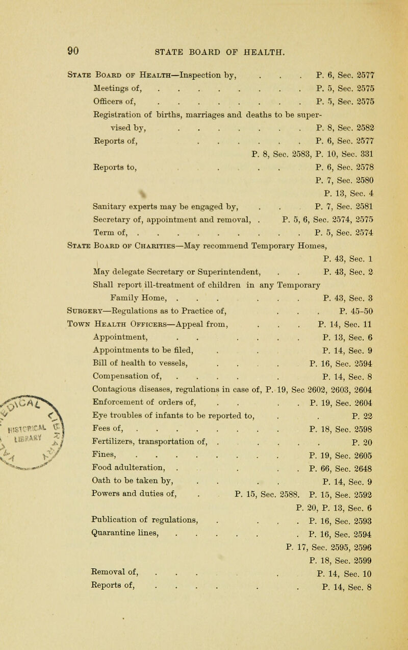 State Board of Health—Inspection by, ... P. 6, Sec. 2577 Meetings of, P. 5, See. 2575 Officers of, P. 5, Sec. 2575 Registration of births, marriages and deaths to be super- vised by, P. 8, Sec. 2582 Reports of, P. 6, Sec. 2577 P. 8, Sec. 2583, P. 10, Sec. 331 Reports to, Sanitary experts may be engaged by, Secretary of, appointment and removal, Term of, ..... . P. 5. P. 6, Sec. 2578 P. 7, Sec. 2580 P. 13, Sec. 4 P. 7, Sec. 2581 6, Sec. 2574, 2575 P. 5, Sec. 2574 State Board of Charities—May recommend Temporary Homes, May delegate Secretary or Superintendent, Shall report ill-treatment of children in any Temporary P. 43, Sec. 1 P. 43, Sec. 2 Family Home, . Surgery—Regulations as to Practice of, Town Health Officers—Appeal from, Appointment, Appointments to be filed, Bill of health to vessels, Compensation of, . P. 43, Sec. 3 P. 45-50 P. 14, Sec. 11 P. 13, Sec. 6 P. 14, Sec. 9 P. 16, Sec. 2594 P. 14, Sec. 8 Contagious diseases, regulations in case of, P. 19, Sec 2602, 2603, 2604 CM. « >, V Enforcement of orders of, Eye troubles of infants to be reported to, Fees of...... Fertilizers, transportation of, Fines, ...... Food adulteration, Oath to be taken by, Powers and duties of, P. 15, Sec. 2588. P Publication of regulations, Quarantine lines, Removal of, Reports of, P. 19, Sec. 2604 P. 22 P. 18, Sec. 2598 P. 20 P. 19, Sec. 2605 P. 66, Sec. 2648 P. 14, Sec. 9 P. 15, See. 2592 20, P. 13, Sec. 6 . P. 16, Sec. 2593 . P. 16, Sec. 2594 17, Sec. 2595, 2596 P. 18, Sec. 2599 P. 14, Sec. 10 P. 14, Sec. 8