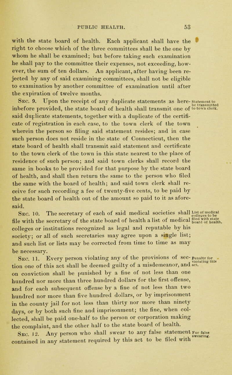 with the state board of health. Each applicant shall have the ' right to choose which of the three committees shall be the one by whom he shall be examined; but before taking such examination he shall pay to the committee their expenses, not exceeding, how- ever, the sum of ten dollars. An applicant, after having been re- jected by any of said examining committees, shall not be eligible to examination by another committee of examination until after the expiration of twelve months. Sec. 9. Upon the receipt of any duplicate statements as here-statement to 1 J l be transmitted inbefore provided, the state board of health shall transmit one of t0 town °ierk. said duplicate statements, together with a duplicate of the certifi- cate of registration in each case, to the town clerk of the town wherein the person so filing said statement resides; and in case such person does not reside in the state of Connecticut, then the state board of health shall transmit said statement and certificate to the town clerk of the town in this state nearest to the place of residence of such person; and said town clerks shall record the same in books to be provided for that purpose by the state board of health, and shall then return the same to the person who filed the same with the board of health; and said town clerk shall re- ceive for such recording a fee of twenty-five cents, to be paid by the state board of health out of the amount so paid to it as afore- said. Sec. 10. The secretary of each of said medical societies shall Lis^otmeMcai file with the secretary of the state board of health a list of medical Kl^heaun. colleges or institutions recognized as legal and reputable by his society; or all of such secretaries may agree upon a single list; and such list or lists may be corrected from time to time as may be necessary. Sec 11 Every person violating any of the provisions of sec-Penalty for J r c-t j violating this tion one of this act shall be deemed guilty of a misdemeanor, and act. on conviction shall be punished by a tine of not less than one hundred nor more than three hundred dollars for the first offense, and for each subsequent offense by a fine of not less than two hundred nor more than five hundred dollars, or by imprisonment in the county jail for not less than thirty nor more than ninety days, or by both such fine and imprisonment; the fine, when col- lected, shall be paid one-half to the person or corporation making the complaint, and the other half to the state board of health. aEf, in Anv nerson who shall swear to any false statement rot-false kju.v>. j -j. ■••■■■« J p . . . swearing. contained in any statement required by this act to be filed with