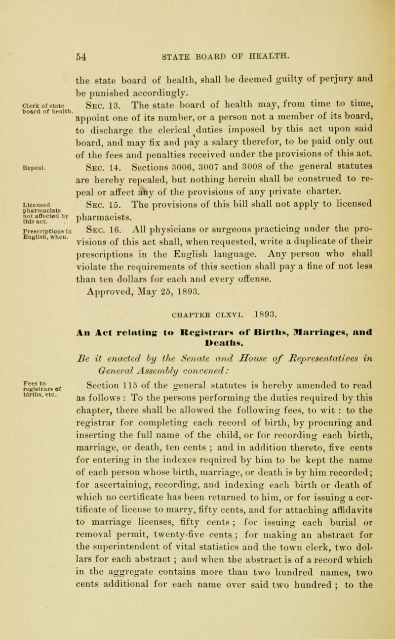 the state board of health, shall be deemed guilty of perjury and be punished accordingly, cierk of state Sec. 13. The state board of health may, from time to time, board of health. , « . ■■ j appoint one of its number, or a person not a member of its board, to discharge the clerical duties imposed by this act upon said board, and may fix and pay a salary therefor, to be paid only out of the fees and penalties received under the provisions of this act. Repeal. Sec. 14. Sections 3006, 3007 and 3008 of the general statutes are hereby repealed, but nothing herein shall be construed to re- peal or affect any of the provisions of any private charter. Licensed Sec. 15. The provisions of this bill shall not apply to licensed pharmacists r not aftvcted by pharmacists. this act. I Prescriptionslu Sec. 16. All physicians or surgeons practicing under the pro- ng s ,w en. vjgjon8 Qf ^jg act gha]^ w]len requested, write a duplicate of their prescriptions in the English language. Any person who shall violate the requirements of this section shall pay a fine of not less than ten dollars for each and every offense. Approved, May 25, 1893. CHAPTER CLXVI. 1893. Ail Act relating to Registrar* of Births, Marriages, and Deaths. Be it enacted by the Senate and House of Representatives in General Assembly convened: regiatraraor Section 115 of the general statutes is hereby amended to read as follows : To the persons performing the duties required by this chapter, there shall be allowed the following fees, to wit : to the registrar for completing each record of birth, by procuring and inserting the full name of the child, or for recording each birth, marriage, or death, ten cents ; and in addition thereto, five cents for entering in the indexes required by him to be kept the name of each person whose birth, marriage, or death is by him recorded; for ascertaining, recording, and indexing each birth or death of which no certificate has been returned to him, or for issuing a cer- tificate of license to many, fifty cents, and for attaching affidavits to marriage licenses, fifty cents ; for issuing each burial or removal permit, twenty-five cents ; for making an abstract for the superintendent of vital statistics and the town clerk, two dol- lars for each abstract ; and when the abstract is of a record which in the aggregate contains more than two hundred names, two cents additional for each name over said two hundred ; to the titrtlKS. etc.