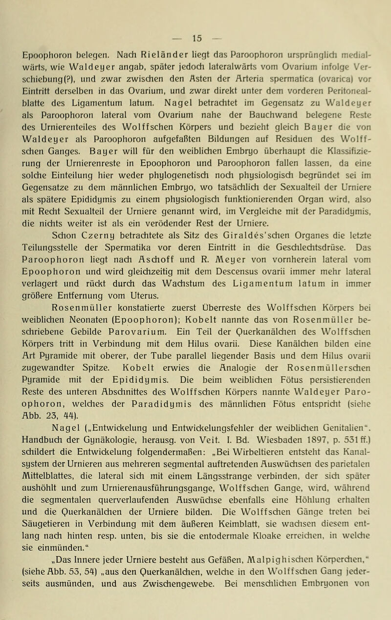 Epoophoron belegen. Nach Rieländer liegt das Paroophoron ursprünglich medial- wärts, wie Wald euer angab, später jedoch lateralwärts vom Ovarium infolge Ver- schiebung!?), und zwar zwischen den Asten der Arteria spermatica (ovarica) vor Eintritt derselben in das Ovarium, und zwar direkt unter dem vorderen Peritoneal- blatte des Ligamentum latum. Nagel betrachtet im Gegensatz zu Waldeyer als Paroophoron lateral vom Ovarium nahe der Bauchwand belegene Reste des Urnierenteiles des Wolffschen Körpers und bezieht gleich Bayer die von Waldeyer als Paroophoron aufgefaßten Bildungen auf Residuen des Wolff- schen Ganges. Bayer will für den weiblichen Embryo überhaupt die Klassifizie- rung der Urnierenreste in Epoophoron und Paroophoron fallen lassen, da eine solche Einteilung hier weder phylogenetisch noch physiologisch begründet sei im Gegensatze zu dem männlichen Embryo, wo tatsächlich der Sexualteil der Urniere als spätere Epididymis zu einem physiologisch funktionierenden Organ wird, also mit Recht Sexualteil der Urniere genannt wird, im Vergleiche mit der Paradidymis, die nichts weiter ist als ein verödender Rest der Urniere. Sdion Czerny betrachtete als Sitz des Giraldes'schen Organes die letzte Teilungsstelle der Spermatika vor deren Eintritt in die Geschlechtsdrüse. Das Paroophoron liegt nach Aschoff und R. Meyer von vornherein lateral vom Epoophoron und wird gleichzeitig mit dem Descensus ovarii immer mehr lateral verlagert und rückt durch das Wachstum des Ligamentum latum in immer größere Entfernung vom Uterus. Rosenmüller konstatierte zuerst Überreste des Wolffschen Körpers bei weiblichen Neonaten (Epoophoron); Kobelt nannte das von Rosenmüller be- schriebene Gebilde Parovarium. Ein Teil der Ou^rkanälchen des Wolffschen Körpers tritt in Verbindung mit dem Hilus ovarii. Diese Kanälchen bilden eine Art Pyramide mit oberer, der Tube parallel liegender Basis und dem Hilus ovarii zugewandter Spitze. Kobelt erwies die Analogie der Rosenmüllerschen Pyramide mit der Epididymis. Die beim weiblichen Fötus persistierenden Reste des unteren Abschnittes des Wolffschen Körpers nannte Waldeyer Paro- ophoron, welches der Paradidymis des männlichen Fötus entspricht (siehe Abb. 23, 44). Nagel („Entwickelung und Entwickelungsfehler der weiblichen Genitalien. Handbuch der Gynäkologie, herausg. von Veit. I. Bd. Wiesbaden 1897, p. 551 ff.) schildert die Entwickelung folgendermaßen: „Bei Wirbeltieren entsteht das Kanal- system der Urnieren aus mehreren segmental auftretenden Auswüchsen des parietalen Mittelblattes, die lateral sich mit einem Längsstrange verbinden, der sich später aushöhlt und zum Urnierenausführungsgange, Wolffschen Gange, wird, während die segmentalen querverlaufenden Auswüchse ebenfalls eine Höhlung erhalten und die Querkanäldien der Urniere bilden. Die Wolffschen Gänge treten bei Säugetieren in Verbindung mit dem äußeren Keimblatt, sie wachsen diesem ent- lang nach hinten resp. unten, bis sie die entodermale Kloake erreichen, in welche sie einmünden. „Das Innere jeder Urniere besteht aus Gefäßen, Malpighischen Körperdien, (siehe Abb. 55, 54) „aus den Querkanäldien, weldie in den Wolffschen Gang jeder- seits ausmünden, und aus Zwischengewebe. Bei mensdilichen Embryonen von