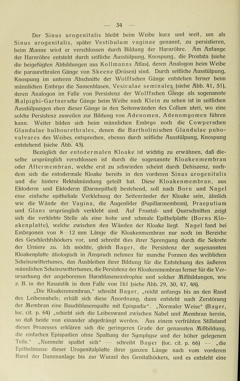 Der Sinus urogenitalis bleibt beim Weibe kurz und weit, um als Sinus urogenitalis, später Vestibulum vaginae genannt, zu persistieren, beim Manne wird er verschlossen durch Bildung der Harnröhre. Am Anfange der Harnröhre entsteht durch seitliche Ausstülpung, Knospung, die Prostata (siehe die beigefügten Abbildungen aus Kollmanns Atlas), deren Analogon beim Weibe die paraurethralen Gänge von Skeene (Drüsen) sind. Durch seitliche Ausstülpung, Knospung im unteren Abschnitte der Wolffschen Gänge entstehen ferner beim männlichen Embryo die Samenblasen, Vesiculae seminales (siehe Abb. 41, 51), deren Analogon im Falle von Persistenz der Wolffschen Gänge als sogenannte Malpighi-Gartnersche Gänge beim Weibe nach Klein zu sehen ist in seitlichen Ausstülpungen eben dieser Gänge in den Seitenwänden des Collum uteri, wo eine solche Persistenz zuweilen zur Bildung von Adenomen, Adenomyomen führen kann. Weiter bilden sich beim männlichen Embryo noch die Cowperschen Glandulae bulbourethrales, denen die Bartholinischen Glandulae pubo- vulvares des Weibes entsprechen, ebenso durch seitliche Ausstülpung, Knospung entstehend (siehe Abb. 43). Bezüglich der entodermalen Kloake ist wichtig zu erwähnen, daß die- selbe ursprünglich verschlossen ist durch die sogenannte Kloakenmembran oder Aftermembran, welche erst zu schwinden scheint durch Dehiszenz, nach- dem sich die entodermale Kloake bereits in den vorderen Sinus urogenitalis und die hintere Rektalmündung geteilt hat. Diese Kloakenmembran, aus Ektoderm und Ektoderm (Darmepithel) bestehend, soll nach Born und Nagel eine einfache epitheliale Verklebung der Seitenränder der Kloake sein, ähnlich wie die Wände der Vagina, die Augenlider (Pupillarmembran), Praeputium und Glans ursprünglich verklebt sind. Auf Frontal- und Querschnitten zeigt sich die verklebte Stelle als eine hohe und schmale Epithelplatte (Borns Klo- akenplatte), welche zwischen den Wänden der Kloake liegt. Nagel fand bei Embryonen von 8—12 mm Länge die Kloakenmembran nur noch im Bereiche des Geschlechtshöckers vor, und schreibt dies ihrer Sprengung durch die Sekrete der Urniere zu. Ich möchte, gleich Bayer, die Persistenz der sogenannten Kloakenplatte ätiologisch in Anspruch nehmen für manche Formen des weiblichen Scheinzwittertumes, das Ausbleiben ihrer Bildung für die Entstehung des äußeren männlichen Scheinzwittertumes, die Persistenz der Kloakenmembran ferner für die Ver- ursachung der angeborenen Harnblasenexstrophie und solcher Mißbildungen, wie z. B. in der Kasuistik in dem Falle von Ihl (siehe Abb. 29, 30, 47, 48). „Die Kloakenmembran, schreibt Bayer, „reicht anfangs bis an den Rand des Leibesnabels; erhält sich diese Anordnung, dann entsteht nach Zerstörung der Membran eine Bauchblasenspalte mit Epispadie. „Normaler Weise (Bayer, loc. cit. p. 64) „schiebt sich die Leibeswand zwischen Nabel und Membran herein, so daß beide von einander abgedrängt werden. Aus einem verfrühten Stillstand dieses Prozesses erklären sich die geringeren Grade der genannten Mißbildung, die einfachen Epispadien ohne Spaltung der Symphyse und der höher gelegenen Teile. „Nunmehr spaltet sich schreibt Bayer (loc. cit. p. 66) — „die Epithelmasse dieser Urogenitalplatte ihrer ganzen Länge nach vom vorderen Rand der Dammanlage bis zur Wurzel des Genitalhöckers, und es entsteht eine