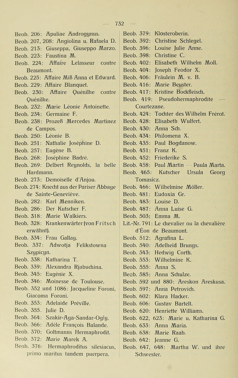Beob. 206: Apuliae Androgynus. Beob. 207, 208: Angiolina u. Rafaela D. Beob. 213: Giuseppa, Giuseppo Marzo. Beob. 223: Faustina M. Beob. 224: Affaire Lelasseur contre Beaumont. Beob. 225: Affaire Miß Anna et Edward. Beob. 229: Affaire Blanquet. Beob. 230: Affaire Quenilhe contre Quenilhe. Beob. 232: Marie Leonie Antoinette. Beob. 234: Germaine F. Beob. 238: Prozeß Mercedes Martinez de Campos. Beob. 250: Leonie B. Beob. 251: Nathalie Josephine D. Beob. 257: Eugene B. Beob. 268: Josephine Badre. Beob. 269: Delbert Reynolds, la belle Hardmann. Beob. 273: Demoiselle dAnjou. Beob. 274: Knecht aus der Pariser Abbaue de Sainte-Genevieve. Beob. 282: Karl Menniken. Beob. 286: Der Kutscher F. Beob. 318: Marie Walkiers. Beob. 328: Krankenwärter (von Fritseh erwähnt). Beob. 334: Frau Gallay. Beob. 337: Adwotja Felikstowna Szypicyn. Beob. 338: Katharina T. Beob. 339: Alexandra Rjabuchina. Beob. 345: Eugenie X. Beob. 346: Moinesse de Toulouse. Beob. 352 und 1086: Jacqueline Foroni, Giacoma Foroni. Beob. 353: Adelaide Preville. Beob. 355. Julie D. Beob. 364: Szakir-Aga-Sandar-Ogly. Beob. 366: Adele Francois Balande. Beob. 370: Goltmanns Hermaphrodit. Beob. 372: Marie Marek A. Beob. 376: Hermaphroditus silesiacus, primo maritus tandem puerpera. Beob. 379: Klosteroberin. Beob. 392: Christine Schlegel. Beob. 396: Louise Julie Anne. Beob. 398: Christine C. Beob. 402: Elisabeth Wilhelm Moll. Beob. 404: Joseph Feodor X. Beob. 406: Fräulein M. v. B. Beob. 416: Marie Beuster. Beob. 417: Kristine Bockfleisch. Beob. 419: Pseudohermaphrodite — Courtezane. Beob. 424: Tochter des Wilhelm Frerot. Beob. 428: Elisabeth Wulfert. Beob. 430: Anna Seh. Beob. 434: Philomena X. Beob. 435: Paul Bogdanow. Beob. 451: Franz K. Beob. 452: Friederike S. Beob. 458: Paul Martin — Paula Marta. Beob. 465: Kutscher Ursula Georg Tomasicz. Beob. 466: Wilhelmine Möller. Beob. 481: Eudoxia Gr. Beob. 483: Louise D. Beob. 487: Anna Luise G. Beob. 503: Emma M. Lit.-Nr. 791: Le Chevalier ou la chevaliere d'Eon de Beaumont. Beob. 512: Agrafina L. Beob. 540: Adelheid Brungs. Beob. 543: Hedwig Corth. Beob. 553: Wilhelmine K. Beob. 555: Anna S. Beob. 585: Anna Schulze. Beob. 592 und 880: Areskon Areskusa. Beob. 597: Anna Petrovich. Beob. 602: Klara Hacker. Beob. 606: Gustav Bartelt. Beob. 620: Henriette Williams. Beob. 622, 623: Marie u. Katharina G. Beob. 633: Anna Maria. Beob. 638: Marie Raab. Beob. 642: Jeanne G. Beob. 647, 648: Martha W. und ihre Schwester.