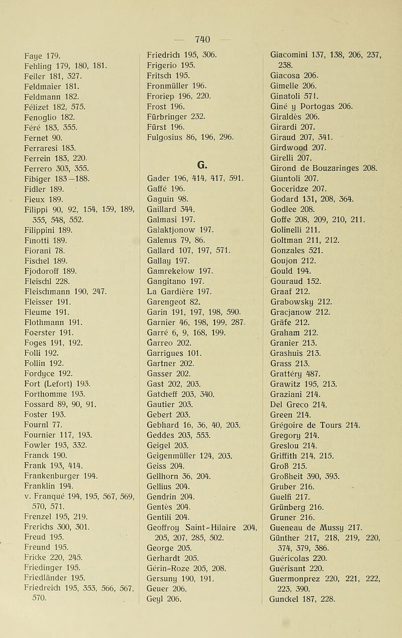 Faye 179. Fehling 179, 180, 181. Feiler 181, 327. Feldmaier 181. Feldmann 182. Felizet 182, 575. Fenoglio 182. Fere 183, 355. Fernet 90. Ferraresi 183. Ferrein 183, 220. Ferrero 303, 355. Fibiger 183-188. Fidler 189. Fieux 189. Filippi 90, 92, 154, 159, 189, 355, 548, 552. Filippini 189. Finotti 189. Fiorani 78. Fischel 1.89. Fjodoroff 189. Fleischl 228. Fleischmann 190, 247. Fleisser 191. Fleume 191. Flothmann 191. Foerster 191. Foges 191, 192. Folli 192. Follin 192. Fordyce 192. Fort (Lefort) 193. Forthomme 193. Fossard 89, 90, 91. Foster 193. Fournl 77. Fournier 117, 193. Fowler 193, 332. Franck 190. Frank 193, 414. Frankenburger 194. Franklin 194. v. Franque 194, 195, 567, 569, 570, 571. Frenzel 195, 219. Frerichs 300, 301. Freud 195. Freund 195. Fricke 220, 245. Friedinger 195. Friedländer 195. Friedreich 195, 353, 566, 567, 570. Friedrich 195, 306. Frigerio 195. Fritsch 195. Fronmüller 196. Froriep 196, 220. Frost 196. Fürbringer 232. Fürst 196. Fulgosius 86, 196, 296. Gader 196, 414, 417, 591. Gaffe 196. Gaguin 98. Gaillard 344. Galmasi 197. Galaktjonow 197. Galenus 79, 86. Gallard 107, 197, 571. Gallay 197. Gamrekelow 197. Gangitano 197. La Gardiere 197. Garengeot 82. Garin 191, 197, 198, 590. Garnier 46, 198, 199, 287. Garre 6, 9, 168, 199. Garreo 202. Garrigues 101. Gärtner 202. Gasser 202. Gast 202, 203. Gatcheff 203, 340. Gautier 203. Gebert 203. Gebhard 16, 36, 40, 203. Geddes 203, 553. Geigel 203. Geigenmüller 124, 203. Geiss 204. Gellhorn 36, 204. Gellius 204. Gendrin 204. Gentes 204. Gentili 204. Geoffroy Saint-Hilaire 204, 205, 207, 285, 502. George 205. Gerhardt 205. Gerin-Roze 205, 208. Gersuny 190, 191. Geuer 206. Geyl 206. Giacomini 137, 138, 206, 237, 238. Giacosa 206. Gimelle 206. Ginatoli 571. Gine y Portogas 206. Giraldes 206. Girardi 207. Giraud 207, 341. Girdwood 207. Girelli 207. Girond de Bouzaringes 208. Giuntoli 207. Goceridze 207. Godard 131, 208, 364. Godlee 208. Goffe 208, 209, 210, 211. Golinelli 211. Goltman 211, 212. Gonzales 521. Goujon 212. Gould 194. Gouraud 152. Graaf 212. Grabowsky 212. Gracjanow 212. Gräfe 212. Graham 212. Granier 213. Grashuis 213. Grass 213. Grattery 487. Grawitz 195, 213. Graziani 214. Del Greco 214. Green 214. Gregoire de Tours 214. Gregory 214. Greslou 214. Griffith 214, 215. Groß 215. Großheit 390, 393. Gruber 216. Guelfi 217. Grünberg 216. Grüner 216. Gueneau de Mussy 217. Günther 217, 218, 219, 220, 374, 379, 386. Guericolas 220. Guerisant 220. Guermonprez 220, 221, 222, 223, 390. Gunckel 187, 228.