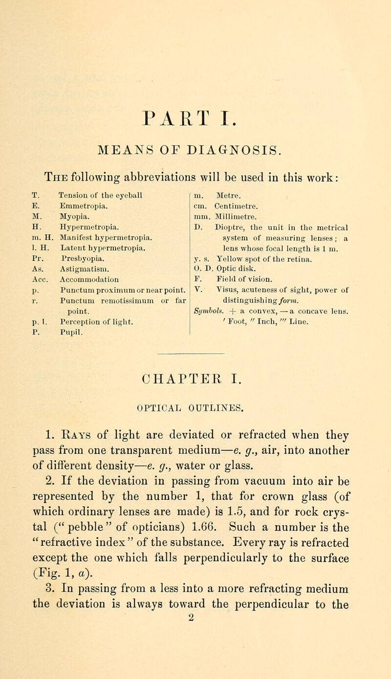 PART I. MEANS OF DIAGNOSIS, The following abbreviations will be used in this work: T. Tension of the eyeball m. Metre. E. Erametropia. cm. Centimetre. M. Myopia. mm. Millimetre. H. Hypermetropia. D. Dioptre, the unit in the metrical m. H. Manifest hypermetropia. system of measuring lenses ; a 1. H. Latent hypermetropia. lens whose focal length is 1 m. Pr. Presbyopia. y. s. Yellow spot of the retina. As. Astigmatism. 0. I) . Optic disk. Ace. Accommodation F. Field of vision. P- Punctum proximnm or near point. V. Visus, acuteness of sight, power of r. Pnnctum remotissimum or far distinguishing form. point. Symhols. + a convex,—a concave lens. p. 1. Perception of light. ' Foot,  Inch, ' Line. P. Pupil. CHAPTER I. OPTICAL OUTLINES. 1. Rays of light are deviated or refracted when they pass from one transparent medium—e. g., air, into another of different density—e. g., water or glass. 2. If the deviation in passing from vacuum into air be represented by the number 1, that for crown glass (of which ordinary lenses are made) is 1.5, and for rock crys- tal ( pebble  of opticians) 1.66. Such a number is the  refractive index  of the substance. Every ray is refracted except the one which falls perpendicularly to the surface (Fig. 1, a). _ 3. In passing from a less into a more refracting medium the deviation is always toward the perpendicular to the 2