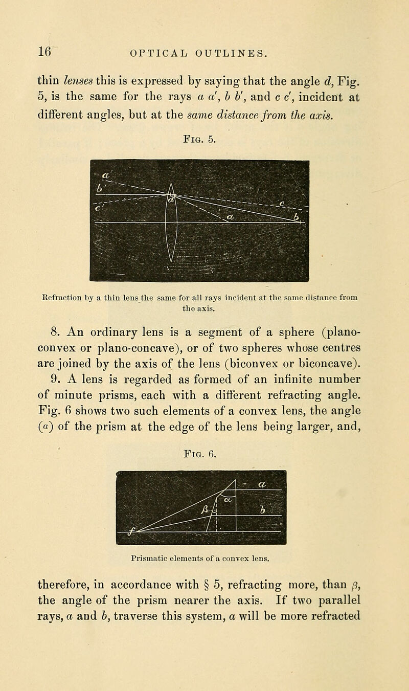 thin lenses this is expressed by saying that the angle d, Fig. 5, is the same for the rays a a', b b', and c e', incident at different angles, but at the same distance from the axis. Fig. 5. Refraction by a thin lens the same for all rays incident at the same distance from the axis. 8. An ordinary lens is a segment of a sphere (plano- convex or plano-concave), or of two spheres whose centres are joined by the axis of the lens (biconvex or biconcave). 9. A lens is regarded as formed of an infinite number of minute prisms, each with a different refracting angle. Fig. 6 shows two such elements of a convex lens, the angle (a) of the prism at the edge of the lens being larger, and, Fig. 6. Prismatic elements of a convex lens. therefore, in accordance with § 5, refracting more, than /?, the angle of the prism nearer the axis. If two parallel rays, a and b, traverse this system, a will be more refracted