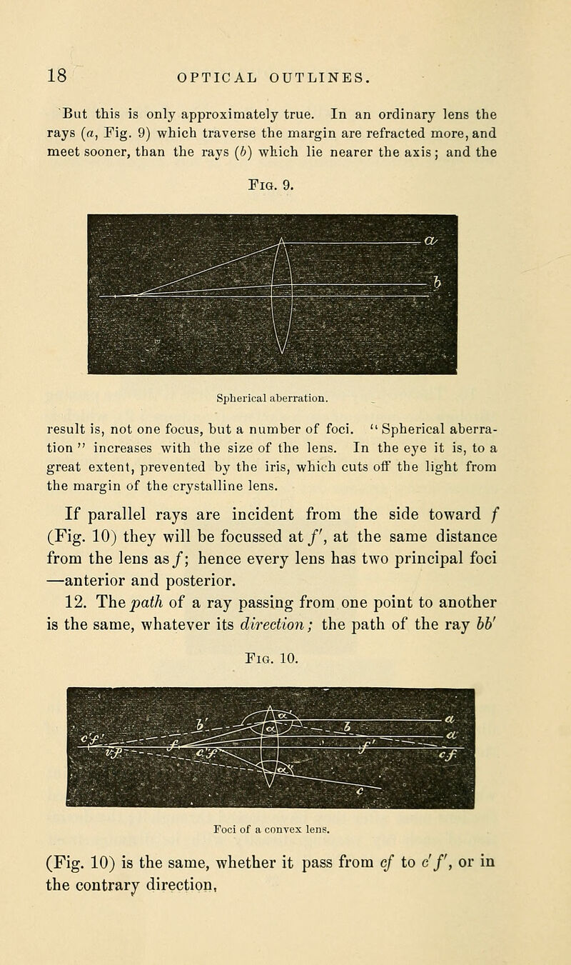 But this is only approximately true. In an ordinary lens the rays (a, Fig. 9) which traverse the margin are refracted more, and meet sooner, than the rays (6) which lie nearer the axis; and the Fig. 9. Spherical aberration. result is, not one focus, but a number of foci.  Spherical aberra- tion  increases with the size of the lens. In the eye it is, to a great extent, prevented by the iris, which cuts off the light from the margin of the crystalline lens. If parallel rays are incident from the side toward f (Fig. 10) they will be focussed at/', at the same distance from the lens as/; hence every lens has two principal foci —anterior and posterior. 12. The path of a ray passing from one point to another is the same, whatever its direction; the path of the ray bb' Fig. 10. Foci of a convex lens. (Fig. 10) is the same, whether it pass from cf to c'f, or in the contrary direction,