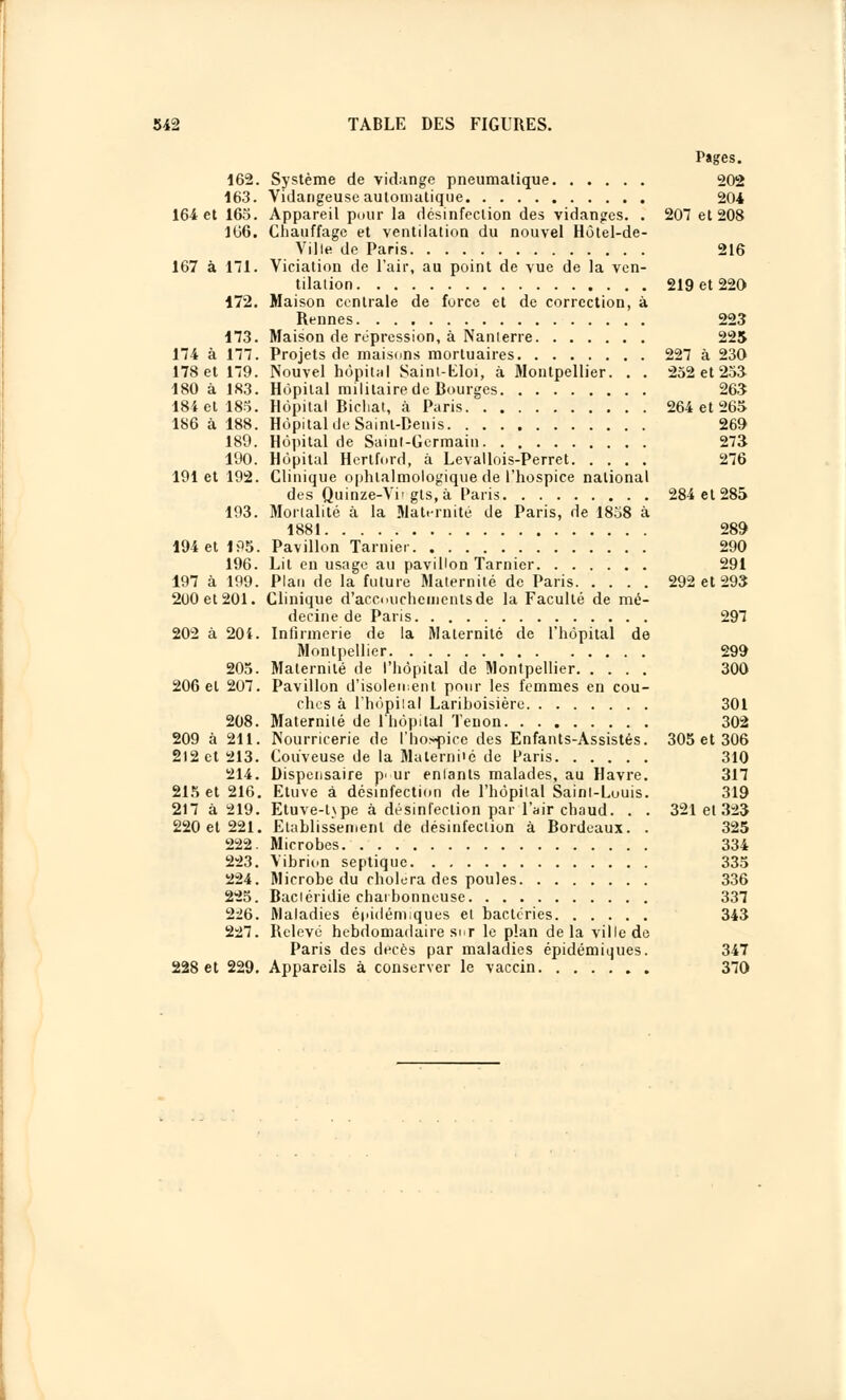 Pages. 162. Système de vidange pneumatique 202 163. Vidangeuseautomatique 204 164 et 16o. Appareil pour la desinfection des vidanges. . 207 et 208 166. Chauffage et ventilation du nouvel Hôtel-de- Ville de Paris 216 167 à 171. Viciation de l'air, au point de vue de la ven- tilation 219 et 220 172. Maison centrale de force et de correction, à Rennes 223 173. Maison de répression, à Nanlerre 225 174 à 177. Projets de maisons mortuaires 227 à 230 178 et 179. Nouvel hôpital Saint-tloi, à Montpellier. . . 252 et 253 180 à 183. Hôpital militaire de Bourges 265 184 et 183. Hôpital Bicliat, à Paris 264 et 265 186 à 188. Hôpital de Saint-Denis 269 189. Hôpital de Sainl-Gcrmain 273 190. Hôpital Hertford, à Levallois-Perret 276 191 et 192. Clinique ophtalmologique de l'hospice national des Quinze-Vi' gts, à Paris 284 et 285 193. Mortalité à la Maternité de Paris, de 1858 à 1881 289 194 et 195. Pavillon Tarnier 290 196. Lit en usage au pavillon Tarnier 291 197 à 199. Plan de la future Maternité de Paris 292 et 293 200 et 201. Clinique d'accoucheinentsde la Faculté de mé- decine de Paris 297 202 à 20i. Infirmerie de la Maternité de l'hôpital de Montpellier 299 205. Maternité de l'hôpital de Montpellier 300 206 et 207. Pavillon d'isolement pour les femmes en cou- ches à l'hôpilal Lariboisière 301 208. Maternité de l'hôpital Tenon 302 209 à 211. Nourricerie de l'hospice des Enfants-Assistés. 305 et 306 212 et 213. Couveuse de la Materni>é de Paris 310 214. Dispensaire p° ur enlants malades, au Havre. 317 215 et 216. Etuve à désinfection de l'hôpital Saint-Louis. 319 217 à 219. Etuve-Upe à désinfection par l'air chaud. . . 321 el 323 220 et 221. Etablissement de désinfection à Bordeaux. . 325 222. Microbes. 334 223. Vibrion septique 335 224. Microbe du choiera des poules 336 225. Bacléridie charbonneuse 337 226. Maladies éiiidénuques el bactéries 343 227. Relevé hebdomadaire sur le plan delà ville de Paris des décès par maladies épidémiiiues. 347 228 et 229. Appareils à conserver le -vaccin 370