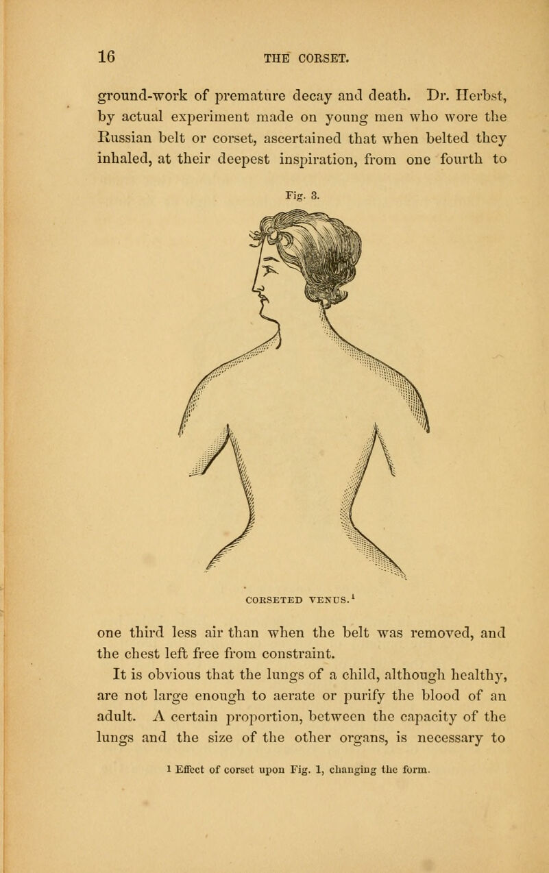 ground-work of premature decay and death. Dr. Herbst, by actual exjDeriinent made on young men who wore the Russian belt or corset, ascertained that when belted they inhaled, at their deepest inspiration, from one fourth to Fig. 3. COKSETED VENDS.1 one third less air than when the belt was removed, and the chest left free from constraint. It is obvious that the lungs of a child, although healthy, are not large enough to aerate or purify the blood of an adult. A certain proportion, between the capacity of the lungs and the size of the other organs, is necessary to i Effect of corset upon Fig. 1, changing the form.