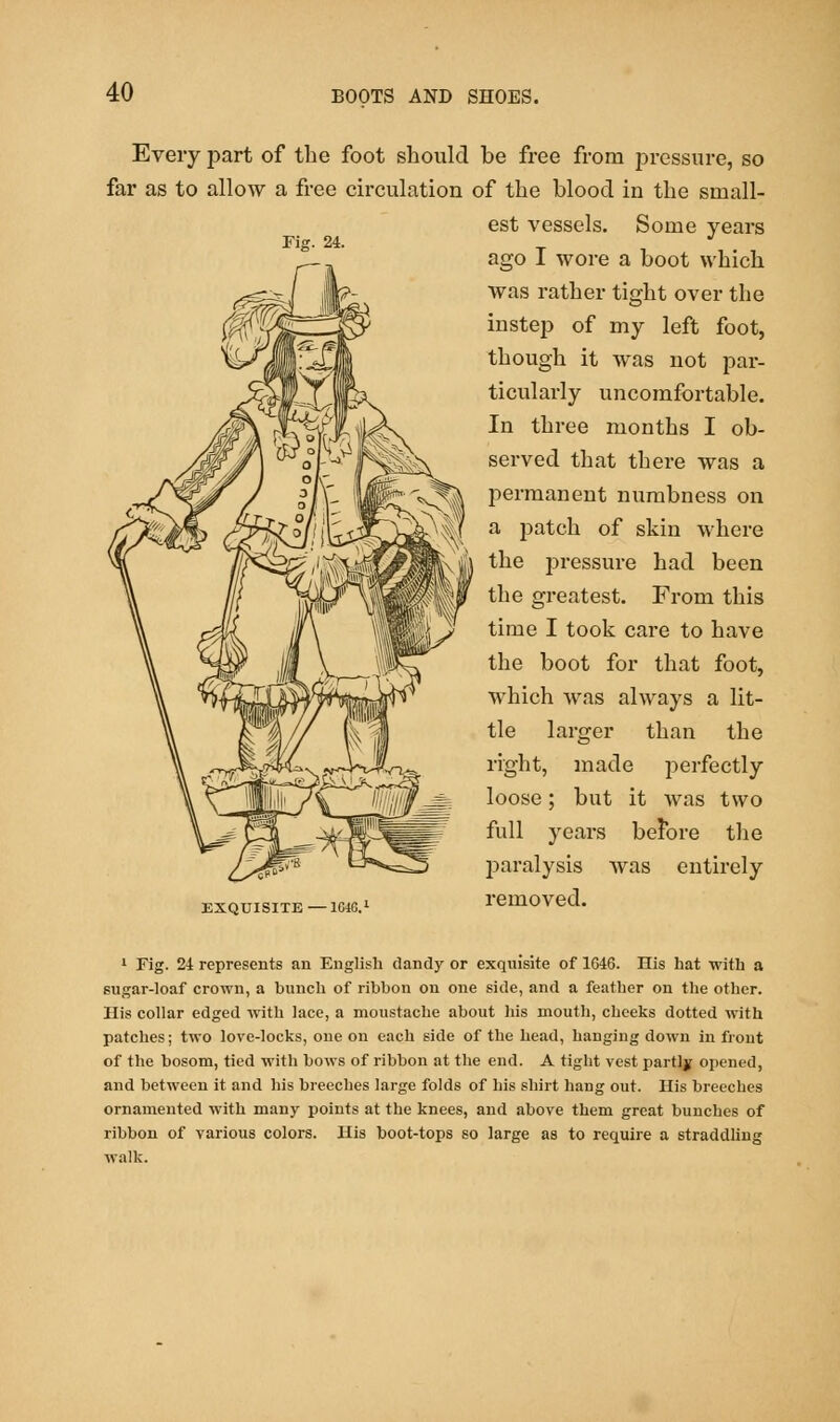 Every part of the foot should be free from pressure, so far as to allow a free circulation of the blood in the small- est vessels. Some years ago I wore a boot which was rather tight over the instep of my left foot, though it was not par- ticularly uncomfortable. In three months I ob- served that there was a permanent numbness on a patch of skin where the pressure had been the greatest. From this time I took care to have the boot for that foot, which was always a lit- tle larger than the right, made perfectly loose; but it was two full years before the paralysis was entirely exquisite — icic.1 removed. 1 Fig. 24 represents an English dandy or exquisite of 1G46. His hat with a sugar-loaf crown, a bunch of ribbon on one side, and a feather on the other. His collar edged with lace, a moustache about his mouth, cheeks dotted with patches; two love-locks, one on each side of the head, hanging down in front of the bosom, tied with bows of ribbon at the end. A tight vest partly opened, and between it and his breeches large folds of his shirt hang out. His breeches ornamented with many points at the knees, and above them great bunches of ribbon of various colors. His boot-tops so large as to require a straddling walk.