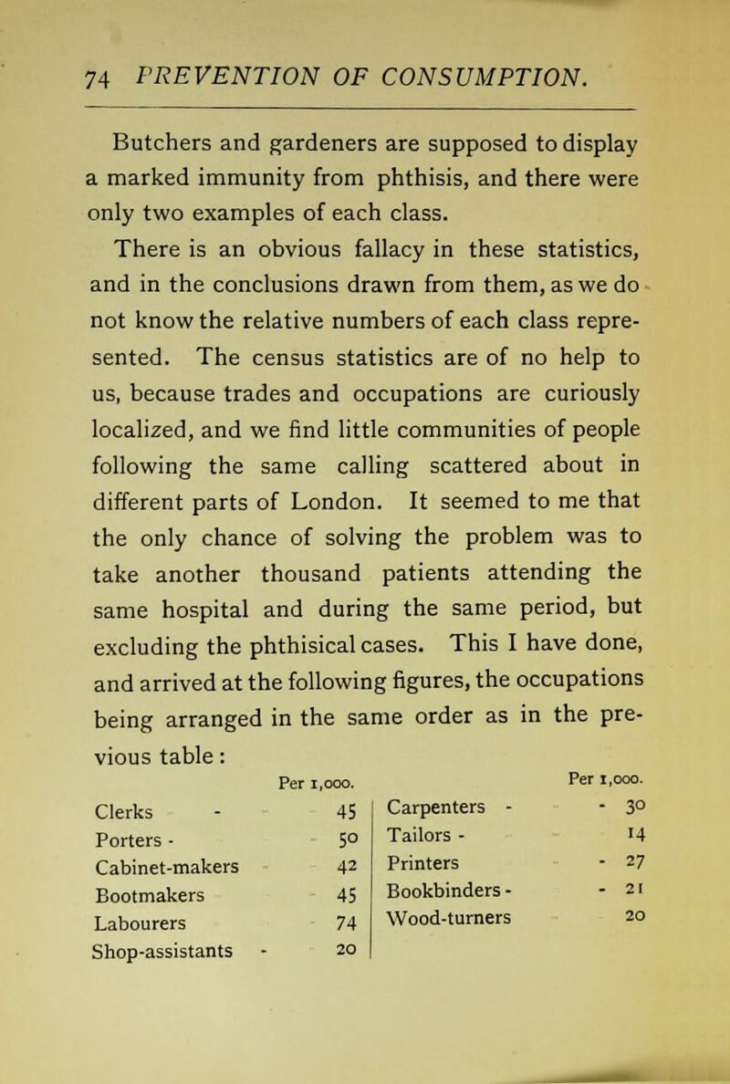 Butchers and gardeners are supposed to display a marked immunity from phthisis, and there were only two examples of each class. There is an obvious fallacy in these statistics, and in the conclusions drawn from them, as we do not know the relative numbers of each class repre- sented. The census statistics are of no help to us, because trades and occupations are curiously localized, and we find little communities of people following the same calling scattered about in different parts of London. It seemed to me that the only chance of solving the problem was to take another thousand patients attending the same hospital and during the same period, but excluding the phthisical cases. This I have done, and arrived at the following figures, the occupations being arranged in the same order as in the pre- vious table: Per i ,000. Per 1,000. Clerks 45 Carpenters - - 3° Porters - 50 Tailors - 14 Cabinet-makers 42 Printers - 27 Bootmakers 45 Bookbinders - - 21 Labourers 74 Wood-turners 20