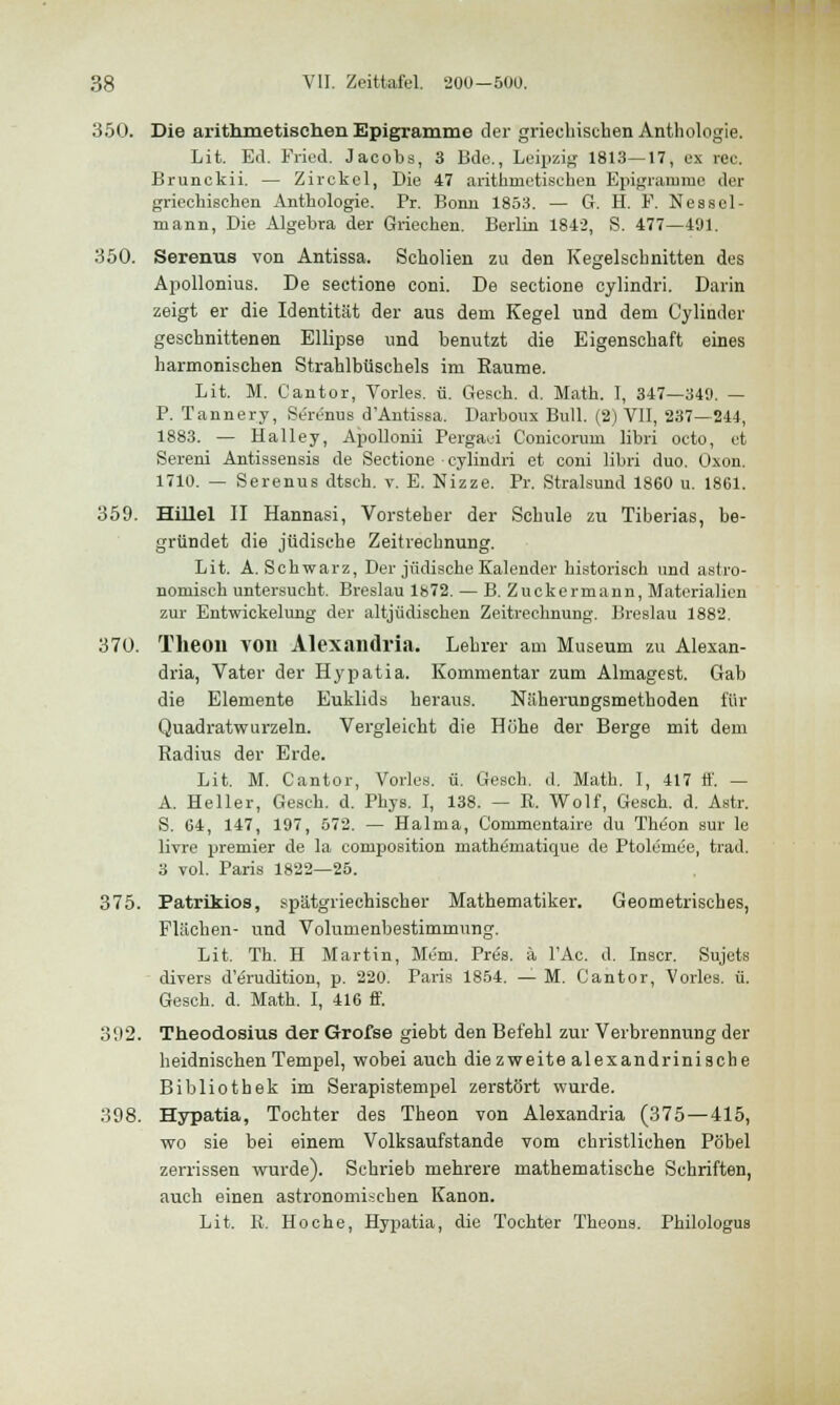 350. Die arithmetischen Epigramme der griechischen Anthologie. Lit. Ed. Fried. Jacobs, 3 Bde., Leipzig 1813—17, ex rec. Brunckii. — Zirckcl, Die 47 arithmetischen Epigramme der griechischen Anthologie. Pr. Bonn 1853. — G. H. F. Nesscl- mann, Die Algebra der Griechen. Berlin 1842, S. 477—491. 350. Serenus von Antissa. Scholien zu den Kegelschnitten des Apollonius. De sectione coni. De sectione cylindri. Darin zeigt er die Identität der aus dem Kegel und dem Cylinder geschnittenen Ellipse und benutzt die Eigenschaft eines harmonischen Strahlbüschels im Eaume. Lit. M. Cantor, Vorles. ü. Gesch. d. Math. I, 347—340. — P. Tannery, Se'renus d'Antissa. Darboux Bull. (2) VII, 237—244, 1883. — Halley, Apollonii Pergaei Conicorum libri octo, et Sereni Antissensis de Sectione ■ cylindri et coni libri duo. Oxon. 1710. — Serenus dtsch. v. E. Nizze. Pr. Stralsund 1860 u. 1861. 359. Hillel II Hannasi, Vorsteher der Schule zu Tiberias, be- gründet die jüdische Zeitrechnung. Lit. A.Schwarz, Der jüdische Kalender historisch und astro- nomisch untersucht. Breslau 1872. — B. Zuckermann, Materialien zur Entwickelung der altjüdischen Zeitrechnung. Breslau 1882. 370. Theoil VOll Alexandria. Lehrer am Museum zu Alexan- dria, Vater der Hypatia. Kommentar zum Almagest. Gab die Elemente Euklids heraus. NäheruDgsmethoden für Quadratwurzeln. Vergleicht die Höhe der Berge mit dem Radius der Erde. Lit. M. Cantor, Vorles. ü. Gesch. d. Math. I, 417 fi'. — A. Heller, Gesch. d. Phys. I, 138. — B. Wolf, Gesch. d. Astr. S. 64, 147, 197, 572. — Halma, C'ommentaire du Theon sur le livre premier de la composition mathematique de Ptolemee, trad. 3 vol. Paris 1822—25. 375. Patrikios, spätgriechiseher Mathematiker. Geometrisches, Flächen- und Volumenbestimmung. Lit. Th. H Martin, Mem. Pres, ä l'Ac. d. Inscr. Sujets divers d'erudition, p. 220. Paris 1854. — M. Cantor, Vorles. ü. Gesch. d. Math. I, 416 ff. 392. Theodosius der Grofse giebt den Befehl zur Verbrennung der heidnischen Tempel, wobei auch die zweite alexandrinische Bibliothek im Serapistempel zerstört wurde. 398. Hypatia, Tochter des Theon von Alexandria (375—415, wo sie bei einem Volksaufstande vom christlichen Pöbel zerrissen wurde). Schrieb mehrere mathematische Schriften, auch einen astronomischen Kanon. Lit. ß. Ho che, Hypatia, die Tochter Theons. Philologus