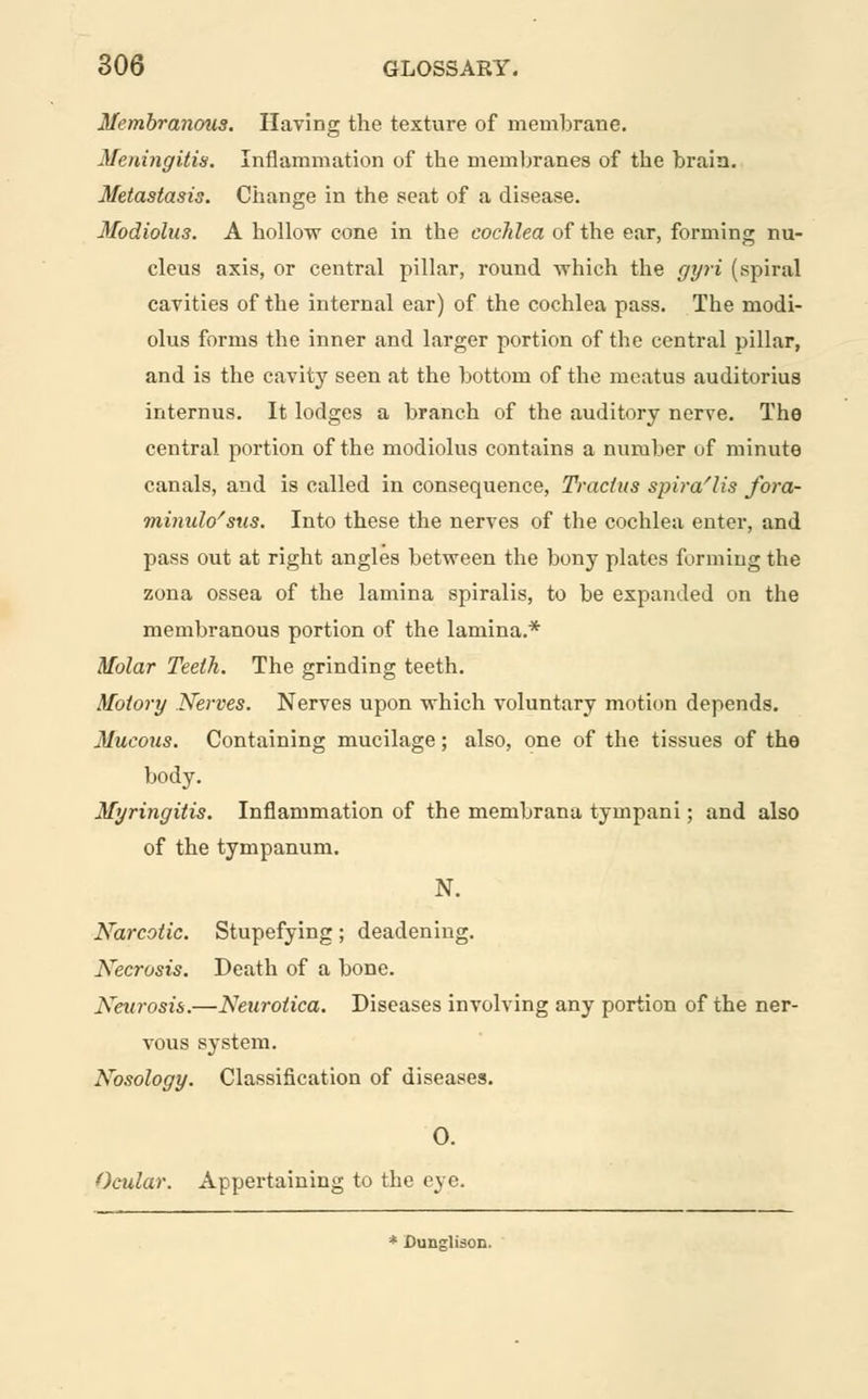 Membranous. Having the texture of membrane. Meningitis. Inflammation of the membranes of the brain. Metastasis. Change in the seat of a disease. Modiolus. A hollow cone in the cochlea of the ear, forming nu- cleus axis, or central pillar, round which the gyri (spiral cavities of the internal ear) of the cochlea pass. The modi- olus forms the inner and larger portion of the central pillar, and is the cavity seen at the bottom of the meatus auditorius internus. It lodges a branch of the auditory nerve. The central portion of the modiolus contains a number of minute canals, and is called in consequence, Tractus spira'lis fora- minulo/sus. Into these the nerves of the cochlea enter, and pass out at right angles between the bony plates forming the zona ossea of the lamina spiralis, to be expanded on the membranous portion of the lamina.* Molar Teeth. The grinding teeth. Motory Nerves. Nerves upon which voluntary motion depends. Mucous. Containing mucilage; also, one of the tissues of the body. Myringitis. Inflammation of the membrana tympani; and also of the tympanum. N. Narcotic. Stupefying; deadening. Necrosis. Death of a bone. Neurosis.—Neurotica. Diseases involving any portion of the ner- vous system. Nosology. Classification of diseases. 0. Ocular. Appertaining to the eye.