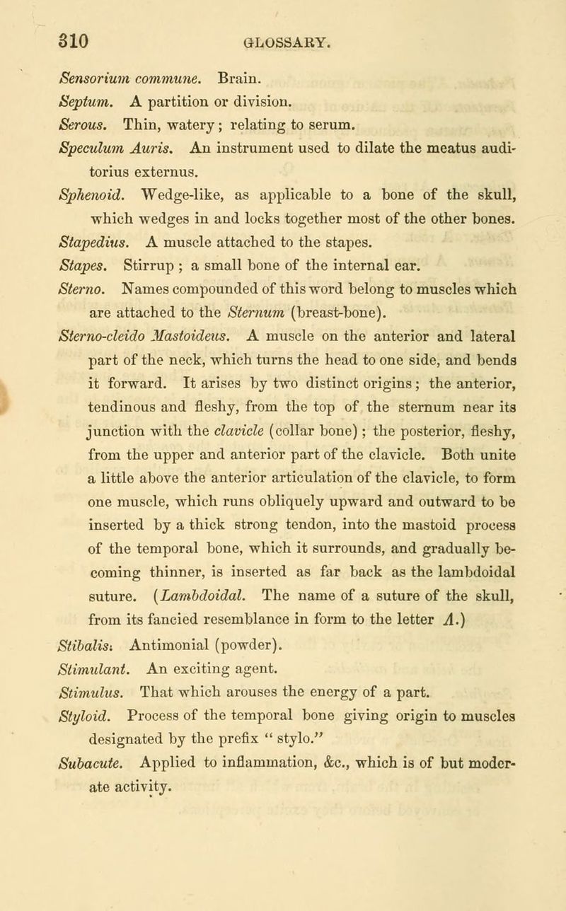 Sensorium commune. Brain. Septum. A partition or division. Serous. Thin, watery; relating to serum. Speculum Auris. An instrument used to dilate the meatus audi- torius externus. Sphenoid. Wedge-like, as applicable to a bone of the skull, which wedges in and locks together most of the other bones. Stapedius. A muscle attached to the stapes. Stapes. Stirrup ; a small bone of the internal ear. Sterno. Names compounded of this word belong to muscles which are attached to the Sternum (breastbone). Sterno-cleido Mastoideus. A muscle on the anterior and lateral part of the neck, which turns the head to one side, and bends it forward. It arises by two distinct origins; the anterior, tendinous and fleshy, from the top of the sternum near its junction with the clavicle (collar bone); the posterior, fleshy, from the upper and anterior part of the clavicle. Both unite a little above the anterior articulation of the clavicle, to form one muscle, which runs obliquely upward and outward to be inserted by a thick strong tendon, into the mastoid process of the temporal bone, which it surrounds, and gradually be- coming thinner, is inserted as far back as the lambdoidal suture. [Lambdoidal. The name of a suture of the skull, from its fancied resemblance in form to the letter A.) Stibalisi Antimonial (powder). Stimulant. An exciting agent. Stimulus. That which arouses the energy of a part. Styloid. Process of the temporal bone giving origin to muscles designated by the prefix stylo. Subacute. Applied to inflammation, &c, which is of but moder- ate activity.