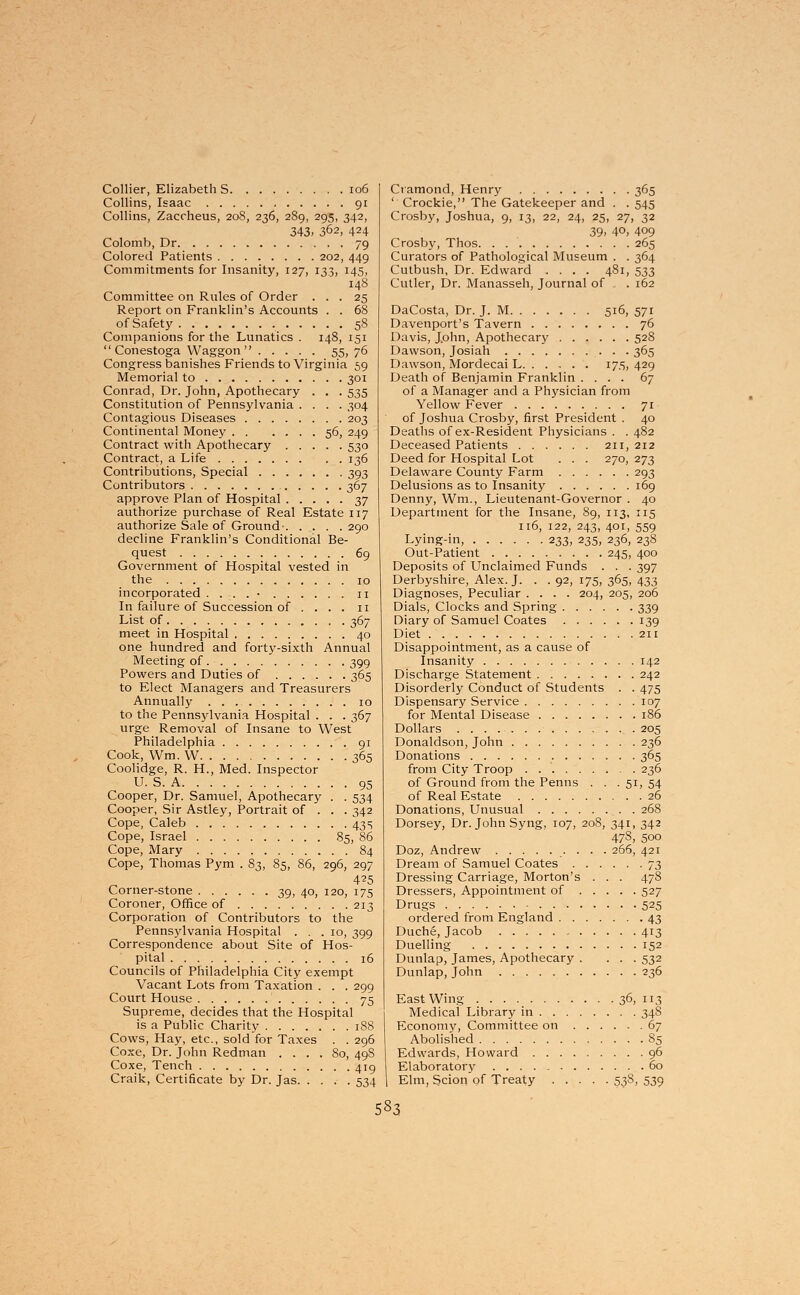 Collier, Elizabeth S 106 Collins, Isaac 91 Collins, Zaccheus, 208, 236, 289, 295, 342, 343, 362, 424 Colomb, Dr 79 Colored Patients 202, 449 Commitments for Insanity, 127, 133, 145, 148 Committee on Rules of Order ... 25 Report on Franklin's Accounts . . 68 of Safety 58 Companions for the Lunatics . 148, 151  Conestoga Waggon 55, 76 Congress banishes Friends to Virginia 59 Memorial to 301 Conrad, Dr. John, Apothecary . . . 535 Constitution of Pennsylvania .... 304 Contagious Diseases 203 Continental Money 56, 249 Contract with Apothecary 530 Contract, a Life 136 Contributions, Special 393 Contributors 367 approve Plan of Hospital 2>7 authorize purchase of Real Estate 117 authorize Sale of Ground- 290 decline Franklin's Conditional Be- quest 69 Government of Hospital vested in the 10 incorporated . . . . • n In failure of Succession of .... 11 List of . 367 meet in Hospital 40 one hundred and forty-sixth Annual Meeting of 399 Powers and Duties of 365 to Elect Managers and Treasurers Annually 10 to the Pennsylvania Hospital . . . 367 urge Removal of Insane to West Philadelphia 91 Cook, Wm. W 365 Coolidge, R. H., Med. Inspector U.S. A 95 Cooper, Dr. Samuel, Apothecary . . 534 Cooper, Sir Astley, Portrait of . . . 342 Cope, Caleb 43=; Cope, Israel 85, 86 Cope, Mary 84 Cope, Thomas Pym . 83, 85, 86, 296, 297 4^5 Corner-stone 39, 40, 120, 175 Coroner, Office of 213 Corporation of Contributors to the Pennsylvania Hospital . . .10, 399 Correspondence about Site of Hos- pital 16 Councils of Philadelphia City exempt Vacant Lots from Taxation . . . 299 Court House ' 75 Supreme, decides that the Hospital is a Public Charity 188 Cows, Hay, etc., sold for Taxes . . 296 Coxe, Dr. John Redman .... 80, 49S Coxe, Tench 419 Craik, Certificate by Dr. Jas 534 Cramond, Henry 365 ' Crockie, The Gatekeeper and . . 545 Crosby, Joshua, 9, 13, 22, 24, 25, 27, 32 39, 4°, 409 Crosby, Thos 265 Curators of Pathological Museum . . 364 Cutbush, Dr. Edward .... 481, 533 Cutler, Dr. Manasseh, Journal of . 162 DaCosta, Dr. J. M 516, 571 Davenport's Tavern 76 Davis, J.ohn, Apothecary 528 Dawson, Josiah 365 Dawson, Mordecai L 175, 429 Death of Benjamin Franklin .... 67 of a Manager and a Physician from Yellow Fever 71 of Joshua Crosby, first President . 40 Deaths of ex-Resident Physicians . . 482 Deceased Patients 211, 212 Deed for Hospital Lot . . . 270, 273 Delaware County Farm 293 Delusions as to Insanity 169 Denny, Wm., Lieutenant-Governor . 40 Department for the Insane, 89, 113, 115 116, 122, 243, 401, 559 Lying-in, 233, 235, 236, 238 Out-Patient 245, 400 Deposits of Unclaimed Funds . . . 397 Derbyshire, Alex. J. . . 92, 175, 365, 433 Diagnoses, Peculiar .... 204, 205, 206 Dials, Clocks and Spring 339 Diary of Samuel Coates 139 Diet 211 Disappointment, as a cause of Insanity 142 Discharge Statement 242 Disorderly Conduct of Students . . 475 Dispensary Service 107 for Mental Disease 186 Dollars 205 Donaldson, John 236 Donations 365 from City Troop 236 of Ground from the Penns . . .51, 54 of Real Estate 26 Donations, Unusual 268 Dorsey, Dr. John Syng, 107, 208, 341, 342 478, 500 Doz, Andrew 266, 421 Dream of Samuel Coates 73 Dressing Carriage, Morton's . . . 478 Dressers, Appointment of 527 Drugs 525 ordered from England 43 Duche, Jacob 413 Duelling 152 Dunlap, James, Apothecary . ... 532 Dunlap, John 236 East Wing 36, 113 Medical Library in 34S Economy, Committee on 67 Abolished 85 Edwards, Howard 96 Elaboratory 60 Elm, Scion of Treaty 538, 539
