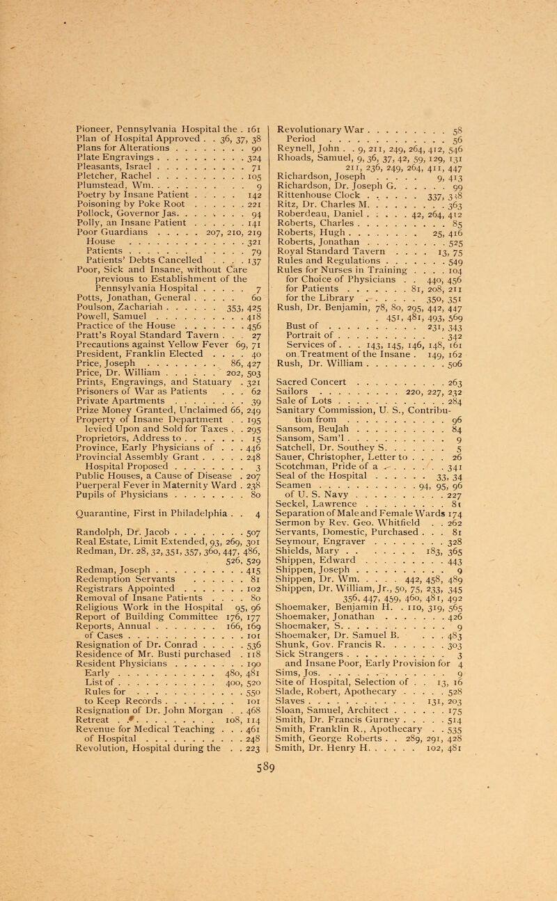 Pioneer, Pennsylvania Hospital the . 161 Plan of Hospital Approved . . 36, $7, 38 Plans for Alterations 90 Plate Engravings 324 Pleasants, Israel 71 Pletcher, Rachel 105 Plumstead, Wm . . 9 Poetry by Insane Patient 142 Poisoning by Poke Root 221 Pollock, Governor Jas. ....... 94 Polly, an Insane Patient 141 Poor Guardians 207, 210, 219 House 321 Patients 79 Patients' Debts Cancelled .... 137 Poor, Sick and Insane, without Care previous to Establishment of the Pennsylvania Hospital 7 Potts, Jonathan, General 60 Poulson, Zachariah 353, 425 Powell, Samuel 418 Practice of the House 456 Pratt's Royal Standard Tavern ... 27 Precautions against Yellow Fever 69, 71 President, Franklin Elected .... 40 Price, Joseph 86, 427 Price, Dr. William 202, 503 Prints, Engravings, and Statuary . 321 Prisoners of War as Patients ... 62 Private Apartments 39 Prize Money Granted, Unclaimed 66, 249 Property of Insane Department . . 195 levied Upon and Sold for Taxes . . 295 Proprietors, Address to 15 Province, Early Physicians of . . . 446 Provincial Assembly Grant 248 Hospital Proposed 3 Public Houses, a Cause of Disease . 207 Puerperal Fever in Maternity Ward . 238 Pupils of Physicians 80 Quarantine, First in Philadelphia . . 4 Randolph, Dr. Jacob 507 Real Estate, Limit Extended, 93, 269, 301 Redman, Dr. 28, 32, 351, 357, 360, 447, 4S6, 526, 529 Redman, Joseph 415 Redemption Servants 81 Registrars Appointed 102 Removal of Insane Patirnts .... 80 Religious Work in the Hospital 95, 96 Report of Building Committee 176, 177 Reports, Annual 166, 169 of Cases 101 Resignation of Dr. Conrad 536 Residence of Mr. Busti purchased . 118 Resident Physicians 190 Early 480, 481 List of 400, 520 Rules for 550 to Keep Records 101 Resignation of Dr. John Morgan . . 468 Retreat . .* 108, 114 Revenue for Medical Teaching . . . 461 of Hospital 248 Revolution, Hospital during the . . 223 Revolutionary War 58 Period 56 Reynell, John . . 9, 211, 249, 264, 412, 546 Rhoads, Samuel, 9, 36, 27, 42, 59, 129, 131 211, 236, 249, 264, 411, 447 Richardson, Joseph 9, 413 Richardson, Dr. Joseph G 99 Rittenhouse Clock 337, 358 Ritz, Dr. Charles M. .' 363 Roberdeau, Daniel . : . . . 42, 264, 412 Roberts, Charles 85 Roberts, Hugh 25, 416 Roberts, Jonathan 525 Royal Standard Tavern .... 13, 75 Rules and Regulations 549 Rules for Nurses in Training .... 104 for Choice of Physicians . . 440, 456 for Patients 81, 208, 211 for the Library 350, 351 Rush, Dr. Benjamin, 78, 80, 295, 442, 447 . 451, 481, 493, 569 Bust of 231, 343 Portrait of 342 Services of. . . 143, 145, 146, 148, [61 on Treatment of the Insane . 149, 162 Rush, Dr. William 506 Sacred Concert 263 Sailors 220, 227, 232 Sale of Lots 284 Sanitary Commission, U. S., Contribu- tion from 96 Sansom, Beujah 84 Sansom, Sam'l 9 Satchell, Dr. Southey S 5 Sauer, Christopher, Letter to . . . . 26 Scotchman, Pride of a .- 341 Seal of the Hospital 33, 34 Seamen 94, 95, 96 of U. S. Navy 227 Seckel, Lawrence 8 c Separation of Male and Female Wards 174 Sermon by Rev. Geo. Whitfield . . 262 Servants, Domestic, Purchased ... 81 Seymour, Engraver 328 Shields, Mary 183, 365 Shippen, Edward 443 Shippen, Joseph 9 Shippen, Dr. Wm 442, 458, 489 Shippen, Dr. William, Jr., 50, 75, 233, 345 356,447, 459, 460, 481, 492 Shoemaker, Benjamin H. . no, 319, 565 Shoemaker, Jonathan 426 Shoemaker, S. . . . 9 Shoemaker, Dr. Samuel B. ... 483 Shunk, Gov. Francis R 303 Sick Strangers 3 and Insane Poor, Early Provision for 4 Sims, Jos 9 Site of Hospital, Selection of . . 13, 16 Slade, Robert, Apothecary 528 Slaves 131, 203 Sloan, Samuel, Architect 175 Smith, Dr. Francis Gurney 514 Smith, Franklin R., Apothecary . . 535 Smith, George Roberts . . 289, 291, 428 Smith, Dr. Henry H 102, 481