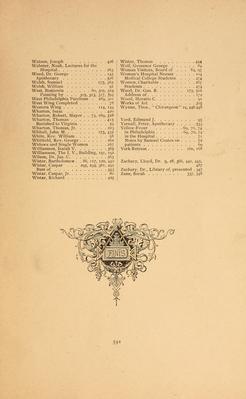 Watson, Joseph 426 Webster, Noah, Lectures for the Hospital 263 Weed, Dr. George ....•-... 145 Apothecary 526 Welsh, Samuel 175, 365 Welsh, William 91 West, Benjamin 80, 305, 319 Painting by . . . 305, 313, 317, 3-94 West Philadelphia Purchase . 289, 301 West Wing Completed 78 Western Wing 114, 144 Wharton, Isaac 420 Wharton, Robert, Mayor . . 73, 289, 528 Wharton, Thomas 415 Banished to Virginia 59 Wharton, Thomas, Jr 223 Whitall, John M 175, 432 White, Rev. William 5S Whitfield, Rev. George 262 Widows and Single Women .... 267 Williamson, Isaiah V 365 Williamson, The I. V., Building, 191, 192 Wilson, Dr. Jas. C 563 Wistar, Bartholomew . . 86, 117, 120, 442 Wistar, Caspar . . . 295, 234, 361, 495 Bust of 343 Wistar, Caspar, Jr 80 Wistar, Richard 425 Wistar, Thomas ... 444 Wolf, Governor George 89 Woman Visitors, Board of . . . 84, 97 Woman's Hospital Nurses 104 Medical College Students .... 474 Women, Charitable '. . 267 Students 474 Wood, Dr. Geo. B 175, 506 Address of 172 Wood, Horatio C 91 Works of Art 305 Wynne, Thos-,  Chirurgeon 24, 446448 Yard, Edmund J 95 Yarnall, Peter, Apothecary 533 Yellow-Fever 69, 71, 74 in Philadelphia 69, 70, 74 in the Hospital 71 Notes by Samuel Coates on ... . 72 patients 69 York Retreat 160, 168 Zachary, Lloyd, Dr. 9, 28, 366, 440, 445, 487 Zachary, Dr., Library of, presented . 347 Zane, Sarah 337, 348 ft, to