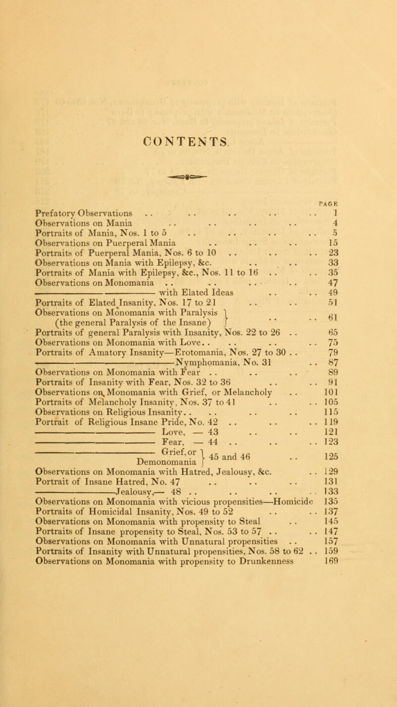 CONTENTS Prefatory Observations Observations on Mania Portraits of Mania, Nos. 1 to 5 Observations on Puerperal Mania Portraits of Puerperal Mania, Nos. 6 to 10 Observations on Mania with Epilepsy, &c. Portraits of Mania with Epilepsy, &c, Nos. 11 to 16 Observations on Monomania with Elated Ideas Portraits of Elatedjnsanity, Nos. 17 to 21 Observations on Monomania with Paralysis I (the general Paralysis of the Insane) J Portraits of general Paralysis with Insanity, Nos. 22 to 26 Observations on Monomania with Love. . Portraits of Amatory Insanity—Erotomania, Nos. 27 to 30 . . 1 Nymphomania, No. 31 Observations on Monomania with Fear Portraits of Insanity with Fear, Nos. 32 to 36 Observations oi\ Monomania with Grief, or Melancholy Portraits of Melancholy Insanity, Nos. 3 Observations on Religious Insanity. . Portrait of Religious Insane Pride, No. Love, — Fear, — Grief, or to 41 42 .. 43 44 . . f 45 and 46 JDemonomania Observations on Monomania with Hatred, Jealousy, &c Portrait of Insane Hatred, No. 47 Jealousy,— 48 . . Observations on Monomania with vicious propensities- Portraits of Homicidal Insanity, Nos. 49 to 52 Observations on Monomania with propensity to Steal Portraits of Insane propensity to Steal, Nos. 53 to 57 Observations on Monomania with Unnatural propensities . . Portraits of Insanity with Unnatural propensities, Nos. 58 to 62 Observations on Monomania with propensity to Drunkenness Homicide PAGK 1 4 5 15 23 33 35 47 49 51 61 65 75 79 87 89 91 101 105 115 119 121 123 125 129 131 133 135 137 145 147 157 159 169