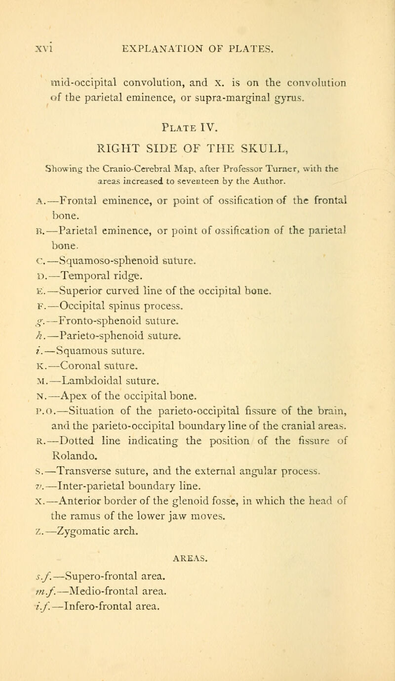 raid-occipital convolution, and x. is on the convolution of the parietal eminence, or supra-marginal gyms. Plate IV. RIGHT SIDE OF THE SKULL, Showing the Cranio-Cerebral Map, after Professor Turner, with the areas increased to seventeen by the Author. A.—Frontal eminence, or point of ossification of the frontal bone. B.—Parietal eminence, or point of ossification of the parietal bone. C.—Squamoso-sphenoid suture. ».—Temporal ridge. E'.—Superior curved line of the occipital bone. F.—Occipital spinus process. g.—Fronto-sphenoid suture. h.—Parieto-sphenoid suture. i.—Squamous suture. K.—Coronal suture. M.—Lambdoidal suture. n.—Apex of the occipital bone. P.O.—Situation of the parieto-occipital fissure of the brain, and the parieto-occipital boundary line of the cranial areas. r.—Dotted line indicating the position of the fissure of Rolando. s.—Transverse suture, and the external angular process. 7'.—Inter-parietal boundary line, x.—Anterior border of the glenoid fosse, in which the head of the ramus of the lower jaw moves, z.—Zygomatic arch. AREAS. s.f.—Supero-frontal area. tn.f.—Medio-frontal area. i.f.—Infero-frontal area.