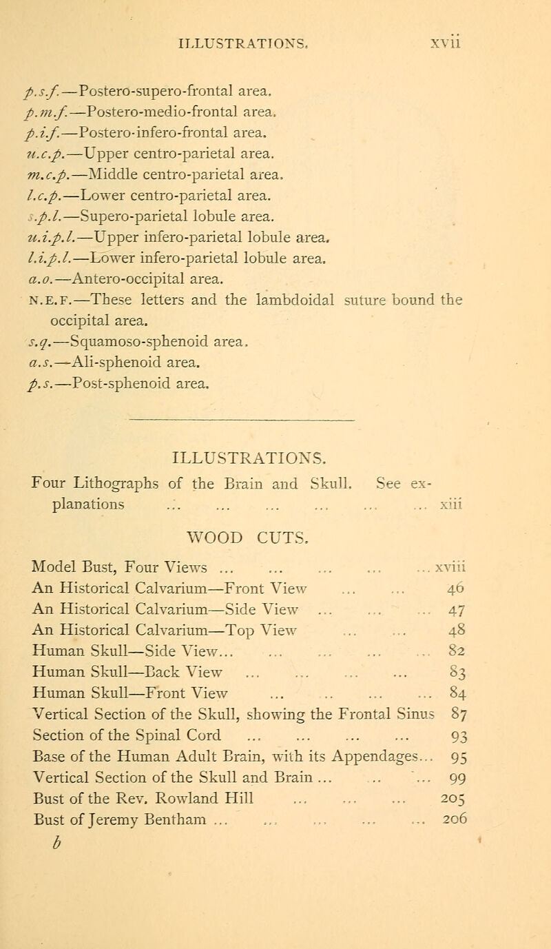 p. s.f. —Postero-supero-frontal area. /. m.f.—Postero-medio-frontal area. /. i.f. —Postero- infero-frontal area. 11. c.p.—Upper centro-parietal area. m.c.p.—Middle centro-parietal area. I.e.p.—Lower centro-parietal area. :.p.l.—Supero-parietal lobule area. u.i.p.l.—Upper infero-parietal lobule area. l.i.p.l.—Lower infero-parietal lobule area. a.o.—Antero-occipital area. n.e.f.—These letters and the lambdoidal suture bound the occipital area. s.q.—Squamoso-sphenoid area. a.s.—Ali-sphenoid area. p.s.—Post-sphenoid area. ILLUSTRATIONS. Four Lithographs of the Brain and Skull. See ex- planations ... ... ... ... ... ... xiii WOOD CUTS. Model Bust, Four Views ... ... ... ... ...xviii An Historical Calvarium—Front View ... ... 40 An Historical Calvarium—Side View ... ... ... 47 An Historical Calvarium—Top View ... ... 48 Human Skull—Side View... ... ... ... 82 Human Skull—Back View ... ... ... ... 83 Human Skull—Front View ... .. ... ... 84 Vertical Section of the Skull, showing the Frontal Sinus 87 Section of the Spinal Cord ... ... ... ... 93 Base of the Human Adult Brain, with its Appendages.,. 95 Vertical Section of the Skull and Brain ... .. ... 99 Bust of the Rev. Rowland Hill 205 Bust of Jeremy Bentham ... ... ... ... .,. 206 b