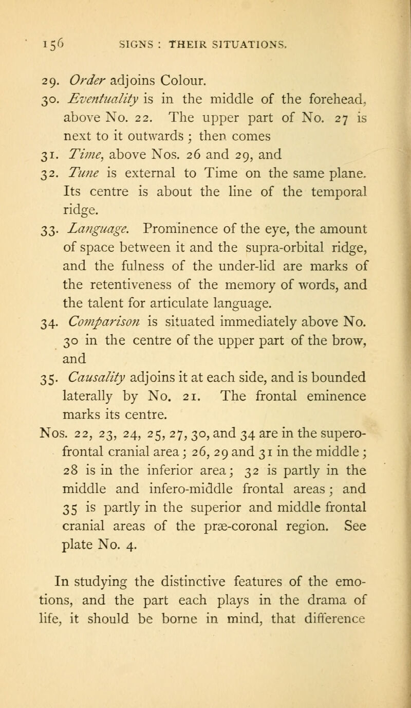 29. Order adjoins Colour. 30. Eventuality is in the middle of the forehead, above No. 22. The upper part of No. 27 is next to it outwards ; then comes 31. Time, above Nos. 26 and 29, and 32. Tune is external to Time on the same plane. Its centre is about the line of the temporal ridge. 33. Language. Prominence of the eye, the amount of space between it and the supra-orbital ridge, and the fulness of the under-lid are marks of the retentiveness of the memory of words, and the talent for articulate language. 34. Comparisofi is situated immediately above No. 30 in the centre of the upper part of the brow, and 35. Causality adjoins it at each side, and is bounded laterally by No. 21. The frontal eminence marks its centre. Nos. 22, 23, 24, 25, 27, 30, and 34 are in the supero- frontal cranial area; 26, 29 and 31 in the middle; 28 is in the inferior area; 32 is partly in the middle and infero-middle frontal areas; and 35 is partly in the superior and middle frontal cranial areas of the prae-coronal region. See plate No. 4. In studying the distinctive features of the emo- tions, and the part each plays in the drama of life, it should be borne in mind, that difference