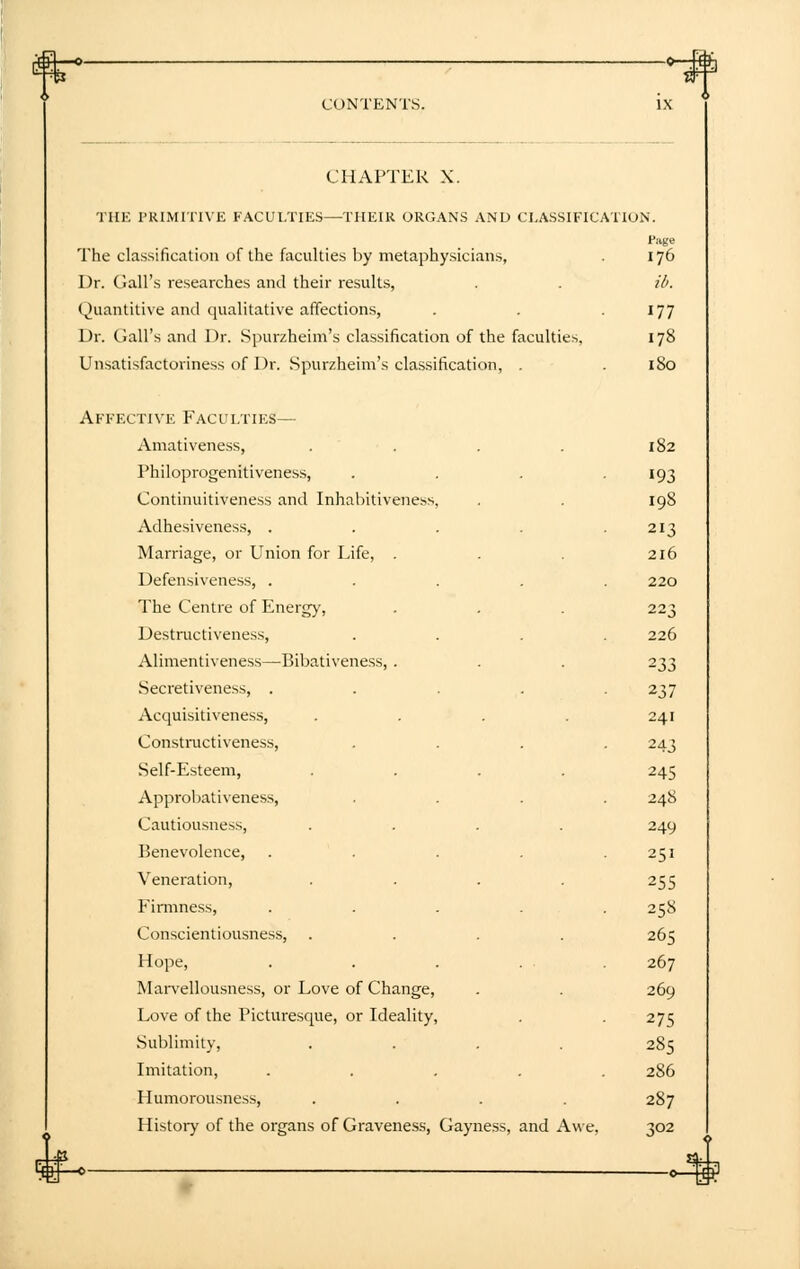 CHAPTER X. THE PRIMITIVE FACULTIES—THEIR ORGANS AND CLASSIFICATION. Page The classification of the faculties by metaphysicians, . 176 Dr. Gall's researches and their results, . . ib. Quantitive and qualitative affections, . . .177 Dr. Gall's and Dr. Spurzheim's classification of the faculties, 178 Unsatisfactoriness of Dr. Spurzheim's classification, . . 180 Affective Faculties— Amativeness, . . . . 182 Philoprogenitiveness, .... 193 Continuitiveness and Inhabitiveness, . . 198 Adhesiveness, . . . . .213 Marriage, or Union for Life, . . . 216 Defensiveness, ..... 220 The Centre of Energy, . . . 223 Destructiveness, .... 226 Alimentiveness—Bibativeness, . . . 233 Secretiveness, . . . . .237 Acquisitiveness, . . . . 241 Constructiveness, .... 243 Self-Esteem, .... 245 Approbativeness, .... 248 Cautiousness, .... 249 Benevolence, . . . . .251 Veneration, .... 255 Firmness, ..... 258 Conscientiousness, .... 265 Hope, . . . . . 267 Marvellousness, or Love of Change, . . 269 Love of the Picturesque, or Ideality, . .275 Sublimity, .... 285 Imitation, ..... 286 Humorousness, .... 287 History of the organs of Graveness, Gayness, and Awe, 302