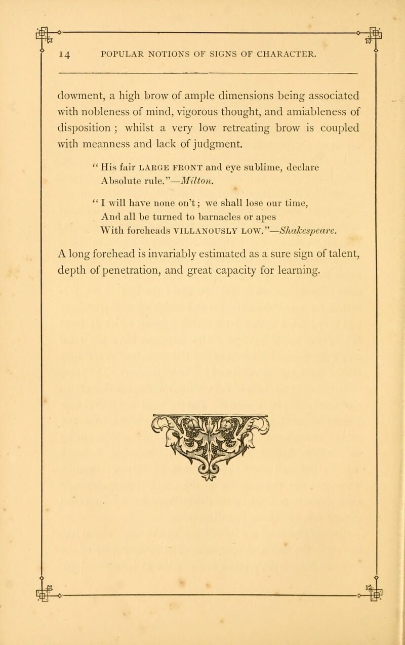 i.tffl. ■»- o- 14 POPULAR NOTIONS OF SIGNS OF CHARACTER. dowment, a high brow of ample dimensions being associated with nobleness of mind, vigorous thought, and amiableness of disposition ; whilst a very low retreating brow is coupled with meanness and lack of judgment.  His fair large front and eye sublime, declare Absolute rule.—Milton.  I will have none on't; we shall lose our time, And all be turned to barnacles or apes With foreheads villanously low.—Shakespeare. A long forehead is invariably estimated as a sure sign of talent, depth of penetration, and great capacity for learning. 4^-