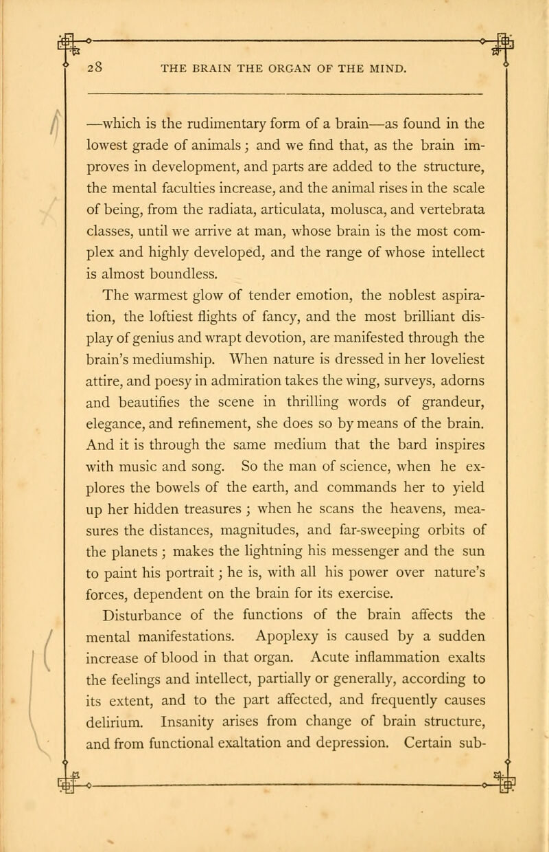 im—o > Br 28 THE BRAIN THE ORGAN OF THE MIND. —which is the rudimentary form of a brain—as found in the lowest grade of animals; and we find that, as the brain im- proves in development, and parts are added to the structure, the mental faculties increase, and the animal rises in the scale of being, from the radiata, articulata, molusca, and vertebrata classes, until we arrive at man, whose brain is the most com- plex and highly developed, and the range of whose intellect is almost boundless. The warmest glow of tender emotion, the noblest aspira- tion, the loftiest flights of fancy, and the most brilliant dis- play of genius and wrapt devotion, are manifested through the brain's mediumship. When nature is dressed in her loveliest attire, and poesy in admiration takes the wing, surveys, adorns and beautifies the scene in thrilling words of grandeur, elegance, and refinement, she does so by means of the brain. And it is through the same medium that the bard inspires with music and song. So the man of science, when he ex- plores the bowels of the earth, and commands her to yield up her hidden treasures ; when he scans the heavens, mea- sures the distances, magnitudes, and far-sweeping orbits of the planets ; makes the lightning his messenger and the sun to paint his portrait; he is, with all his power over nature's forces, dependent on the brain for its exercise. Disturbance of the functions of the brain affects the mental manifestations. Apoplexy is caused by a sudden increase of blood in that organ. Acute inflammation exalts the feelings and intellect, partially or generally, according to its extent, and to the part affected, and frequently causes delirium. Insanity arises from change of brain structure, and from functional exaltation and depression. Certain sub-