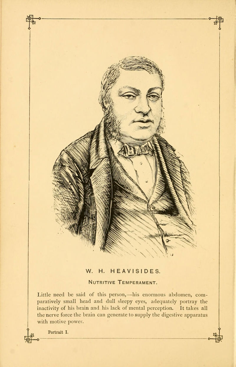 W. H. HEAVI SIDES. Nutritive Temperament. Little need be said of this person,—his enormous abdomen, com- paratively small head and dull sleepy eyes, adequately portray the inactivity of his brain and his lack of mental perception. It takes all the nerve force the brain can generate to supply the digestive apparatus with motive power.