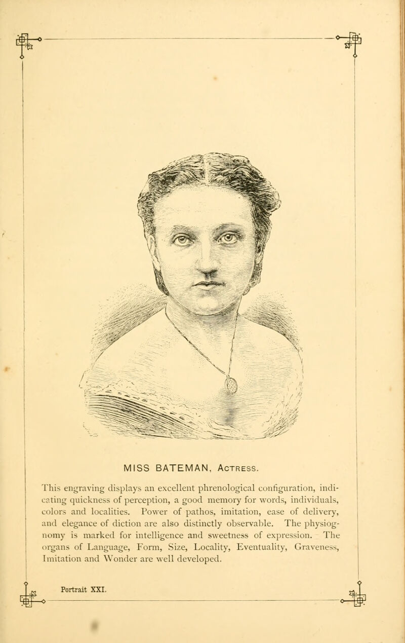 MISS BATEMAN. Actress. This engraving displays an excellent phrenological configuration, indi- cating quickness of perception, a good memory for words, individuals, colors and localities. Power of pathos, imitation, ease of delivery, and elegance of diction are also distinctly observable. The physiog- nomy is marked for intelligence and sweetness of expression. The organs of Language, Form, Size, Locality, Eventuality, Graveness, Imitation and Wonder are well developed. Portrait XXI. 4jf-<>