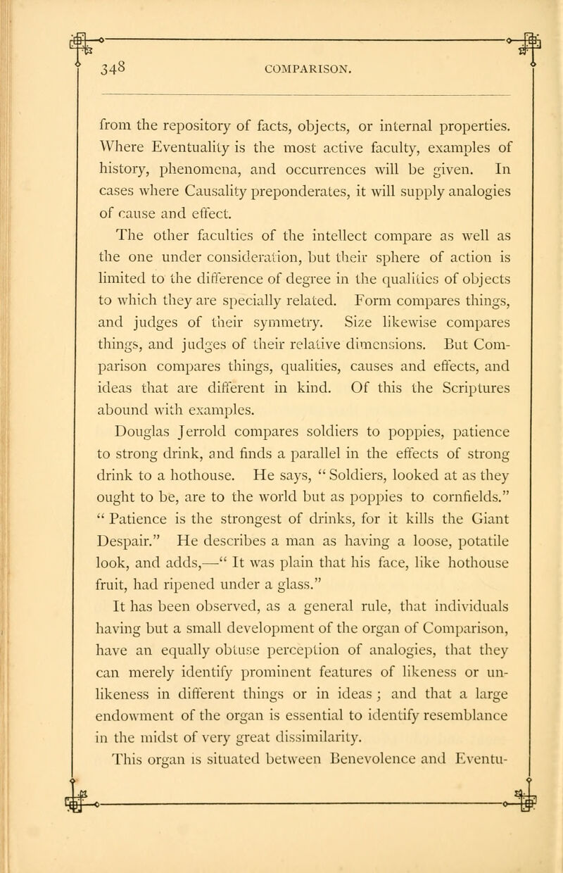 ■**-*- -o-k& ;48 COMPARISON. from the repository of facts, objects, or internal properties. Where Eventuality is the most active faculty, examples of history, phenomena, and occurrences will be given. In cases where Causality preponderates, it will supply analogies of cause and effect. The other faculties of the intellect compare as well as the one under consideration, but their sphere of action is limited to the difference of degree in the qualities of objects to which they are specially related. Form compares things, and judges of their symmetry. Size likewise compares things, and judges of their relative dimensions. But Com- parison compares things, qualities, causes and effects, and ideas that are different in kind. Of this the Scriptures abound with examples. Douglas Jerrold compares soldiers to poppies, patience to strong drink, and finds a parallel in the effects of strong drink to a hothouse. He says,  Soldiers, looked at as they ought to be, are to the world but as poppies to cornfields.  Patience is the strongest of drinks, for it kills the Giant Despair. He describes a man as having a loose, potatile look, and adds,—- It was plain that his face, like hothouse fruit, had ripened under a glass. It has been observed, as a general rule, that individuals having but a small development of the organ of Comparison, have an equally obtuse perception of analogies, that they can merely identify prominent features of likeness or un- likeness in different things or in ideas ; and that a large endowment of the organ is essential to identify resemblance in the midst of very great dissimilarity. This organ is situated between Benevolence and Eventu- #