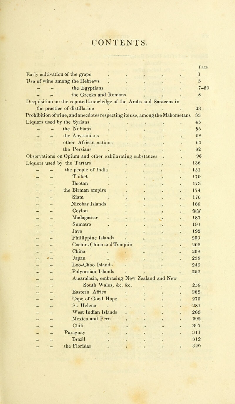 CONTENTS. Early cultivation of the grape ..... Use of wine among the Hebrews . . . . . - - the Egyptians .... - - the Greeks and Romans Disquisition on the reputed knowledge of the Arabs and Saracens in the practice of distillation ..... Prohibition of wine, and anecdotes respecting its use, among the Mahometans Liquors used by the Syrians - - the Nubians - - the Abyssinians - — other African nations the Persians Observations on Opium and other exhilarating substances Liquors used by the Tartars - — the people of India Thibet - - Bootan - - the Birman empire - - Siam - - Nicobar Islands - - Ceylon - - Madagascar - — Sumatra - - Java - - Phillippine Islands - - Cochin-China and Tonquin - — China - -»— Japan » - - Loo-Choo Islands - - Polynesian Islands _ — Australasia, embracing New Zealand and New South Wales, &c. &c. - - Eastern Africa . , . . - - Cape of Good Hope . . . - — St. Helena . ... _ _ West Indian Islands - - Mexico and Peru . . . Chili .... - - Paraguay . - - Brazil .... - — the Floridas . . . ' . Page 1 5 7-50 23 33 45 55 58 63 82 96 136 151 170 173 174 176 180 ibid 187 191 192 200 202 208 238 246 250 258 268 270 281 289 292 307 311 312 320