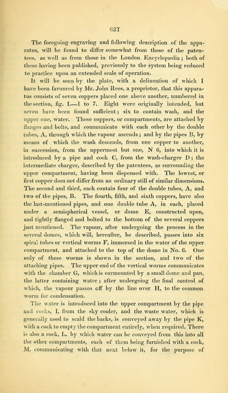 The foregoing engraving and following description of the appa- ratus, will be found to differ somewhat from those of the paten- tees, as well as from those in the London Encyclopaedia; both of these having been published, previously to the system being reduced to practice upon an extended scale of operation. It will be seen by the plate, with a delineation of which I have been favoured by Mr. John Rees, a proprietor, that this appara- tus consists of seven coppers placed one above another, numbered in the section, fig. I.—1 to 7. Eight were originally intended, but seven have been found sufficient; six to contain wash, and the upper one, water. These coppers, or compaitments, are attached by flanges and bolts, and communicate with each other by the double tubes, A, through which the vapour ascends ; and by the pipes B, by means of which the wash descends, from one copper to another, in succession, from the uppermost but one, N 6, into which it is introduced by a pipe and cock C, from the wash-charger D; the intermediate charger, described by the patentees, as surrounding the upper compartment, having been dispensed with. The lowest, or first copper does not differ from an ordinary still of similar dimensions. The second and third, each contain four of the double tubes, A, and two of the pipes, B. The fourth, fifth, and sixth coppers, have also the last-mentioned pipes, and one double tube A, in each, placed under a semispherical vessel, or dome E, constructed upon, and tightly flanged and bolted to the bottom of the several coppers just mentioned. The vapour, after undergoing the process in the several domes, which will, hereafter, be described, passes into six spiral tubes or vertical worms F, immersed in the water of the upper compartment, and attached to the top of the dome in No. 6. One only of these worms is shown in the section, and two of the attaching pipes. The upper end of the vertical worms communicates with the chamber G, which is surmounted by a small dome and pan, the latter containing water ; after undergoing the final control of which, the vapour passes off by the line over H, to the common worm for condensation. The water is introduced into the upper compartment by the pipe and cocks, I, from the sky cooler, and the waste water, which is generally used to scald the backs, is conveyed away by the pipe K, with a cock to empty the compartment entirely, when required. There is also a cock, L, by which water can be conveyed from this into all the other compartments, each of them being furnished with a cock, M, communicating with that next below it, for the purpose of