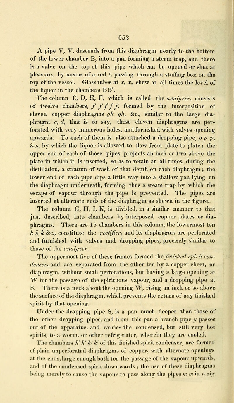 A pipe V, V, descends from this diaphragm nearly to the bottom of the lower chamber B, into a pan forming a steam trap, and there is a valve on the top of this pipe which can be opened or shut at pleasure, by means of a rod t, passing through a stuffing box on the top of the vessel. Glass tubes at x, x, shew at all times the level of the liquor in the chambers BB\ The column C, D, E, F, which is called the analyzer, consists of twelve chambers, f f f f f, formed by the interposition of eleven copper diaphragms gh gh, &c, similar to the large dia- phragm c, d, that is to say, these eleven diaphragms are per- forated Avith very numerous holes, and furnished with valves opening upwards. To each of them is also attached a dropping pipe, p p p, &c, by which the liquor is allowed to flow from plate to plate; the upper end of each of those pipes projects an inch or two above the plate in which it is inserted, so as to retain at all times, during the distillation, a stratum of wash of that depth on each diaphragm; the lower end of each pipe dips a little way into a shallow pan lying on the diaphragm underneath, forming thus a steam trap by which the escape of vapour through the pipe is prevented. The pipes are inserted at alternate ends of the diaphragm as shewn in the figure. The column G, H, I, K, is divided, in a similar manner to that just described, into chambers by interposed copper plates or dia- phragms. There are 15 chambers in this column, the lowermost ten k k k &c, constitute the rectifier, and its diaphragms are perforated and furnished with valves and dropping pipes, precisely similar to those of the analyzer. The uppermost five of these frames formed the finished spirit eon- denser, and are separated from the other ten by a copper sheet, or diaphragm, without small perforations, but having a large opening at W for the passage of the spirituous vapour, and a dropping pipe at S. There is a neck about the opening W, rising an inch or so .above the surface of the diaplu-agm, which prevents the return of any finished spirit by that opening. Under the dropping pipe S, is a pan much deeper than those of the other dropping pipes, and from this pan a branch pipe y passes out of the apparatus, and carries the condensed, but still very hot spirits, to a worm, or other refrigerator, wherein they arc cooled. The chambers hf h' h' h' pf this finished spirit condenser, are formed of plain unperforated diaphragms of copper, with alternate openings at the ends, large enough both for the passage of the vapour upwards, and of the condensed spirit downwards ; the use of these diaphragms being merely to cause the vapour to pass along the pipes m m'm a zig
