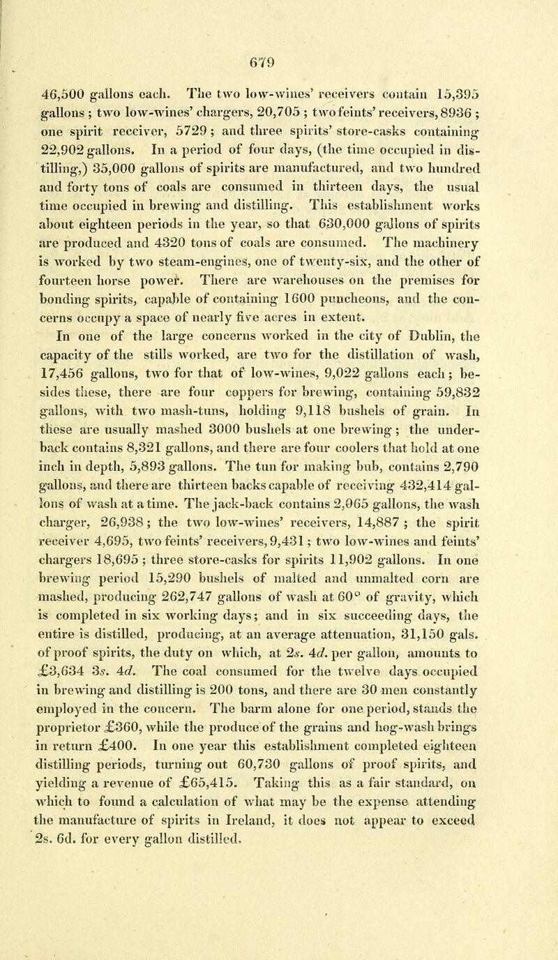 46,500 gallons each. The two low-wines' receivers contain 15,395 gallons ; two low-wines' chargers, 20,705 ; two feints'receivers, 8936 ; one spirit receiver, 5729; and three spirits' store-casks containing 22,902 gallons. In a period of four days, (the time occupied in dis- tilling,) 35,000 gallons of spirits are manufactured, and two hundred and forty tons of coals are consumed in thirteen days, the usual time occupied in brewing and distilling. This establishment works about eighteen periods in the year, so that 630,000 gallons of spirits are produced and 4320 tons of coals are consumed. The machinery is worked by two steam-engines, one of twenty-six, and the other of fourteen horse power. There are warehouses on the premises for bonding spirits, capable of containing 1600 puncheons, and the con- cerns occupy a space of nearly five acres in extent. In one of the large concerns worked in the city of Dublin, the capacity of the stills worked, are two for the distillation of wash, 17,456 gallons, two for that of low-wines, 9,022 gallons each; be- sides these, there are four coppers for brewing, containing 59,832 gallons, with two mash-tuns, holding 9,118 bushels of grain. In these are usually mashed 3000 bushels at one brewing; the under- back contains 8,321 gallons, and there are four coolers that hold at one inch in depth, 5,893 gallons. The tun for making bub, contains 2,790 gallons, and there are thirteen backs capable of receiving 432,414 gal- lons of wash at a time. The jack-back contains 2,065 gallons, the wash charger, 26,938; the two low-wines' receivers, 14,887 ; the spirit receiver 4,695, two feints' receivers, 9,431; two low-wines and feints' chargers 18,695 ; three store-casks for spirits 11,902 gallons. In one brewing period 15,290 bushels of malted and unmalted corn are mashed, producing 262,747 gallons of wash at 60° of gravity, which is completed in six working days; and in six succeeding days, the entire is distilled, producing, at an average attenuation, 31,150 gals, of proof spirits, the duty on which, at 2*. 4c?. per gallon, amounts to £3,634 3,?. Ad. The coal consumed for the twelve days occupied in brewing and distilling is 200 tons, and there are 30 men constantly employed in the concern. The barm alone for one period, stands the proprietor £360, while the produce of the grains and hog-wash brings in return £400. In one year this establishment completed eighteen distilling periods, turning out 60,730 gallons of proof spirits, and yielding a revenue of £65,415. Taking this as a fair standard, on which to found a calculation of what may be the expense attending the manufacture of spirits in Ireland, it does not appear to exceed 2s. 6d. for every gallon distilled.