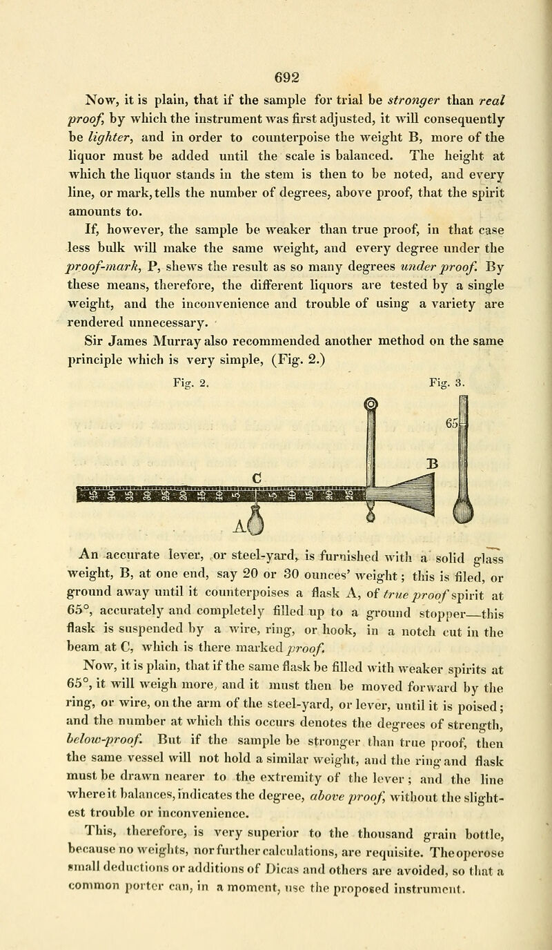 Now, it is plain, that if the sample for trial be stronger than real proof, by which the instrument was first adjusted, it will consequently be lighter, and in order to counterpoise the weight B, more of the liquor must be added until the scale is balanced. The height at which the liquor stands in the stem is then to be noted, and every line, or mark, tells the number of degrees, above proof, that the spirit amounts to. If, however, the sample be weaker than true proof, in that case less bidk will make the same weight, and every degree under the proof-mark, P, shews the result as so many degrees under proof. By these means, therefore, the different liquors are tested by a single weight, and the inconvenience and trouble of using a variety are rendered unnecessary. Sir James Murray also recommended another method on the same principle which is very simple, (Fig. 2.) Fig. 2. Fig. 3. An accurate lever, or steel-yard, is furnished with a solid glass weight, B, at one end, say 20 or 30 ounces' weight; this is filed, or ground away until it counterpoises a flask A, of true proof spirit at 65°, accurately and completely filled up to a ground stopper this flask is suspended by a wire, ring, or hook, in a notch cut in the beam at C, which is there marked proof. Now, it is plain, that if the same flask be filled with weaker spirits at 65°, it will weigh more, and it must then be moved forward by the ring, or wire, on the arm of the steel-yard, or lever, until it is poised; and the number at which this occurs denotes the degrees of strength, below-proof. But if the sample be stronger than true proof, then the same vessel will not hold a similar weight, and the ring and flask must be drawn nearer to the extremity of the lever; and the line where it balances, indicates the degree, above proof, Avithout the slight- est trouble or inconvenience. This, therefore, is very superior to the thousand grain bottle, because no weights, nor further calculations, are requisite. Theoperose small deductions or additions of Dicas and others are avoided, so that a common porter can, in a moment, use the proposed instrument.