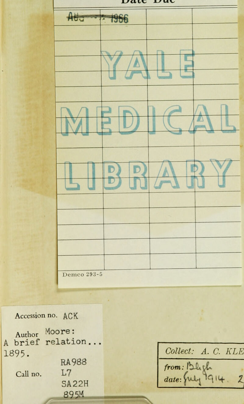 i/ait j-'uv- All H 18% - - ^-if UMPf Demco 293-5 Accession no. ACK Author Moore: A brief relation... 1895. RA988 Call no. L7 SA22H 895M Collect: A. C. KLE from: htUiA* date: fOj^ 11+. I N