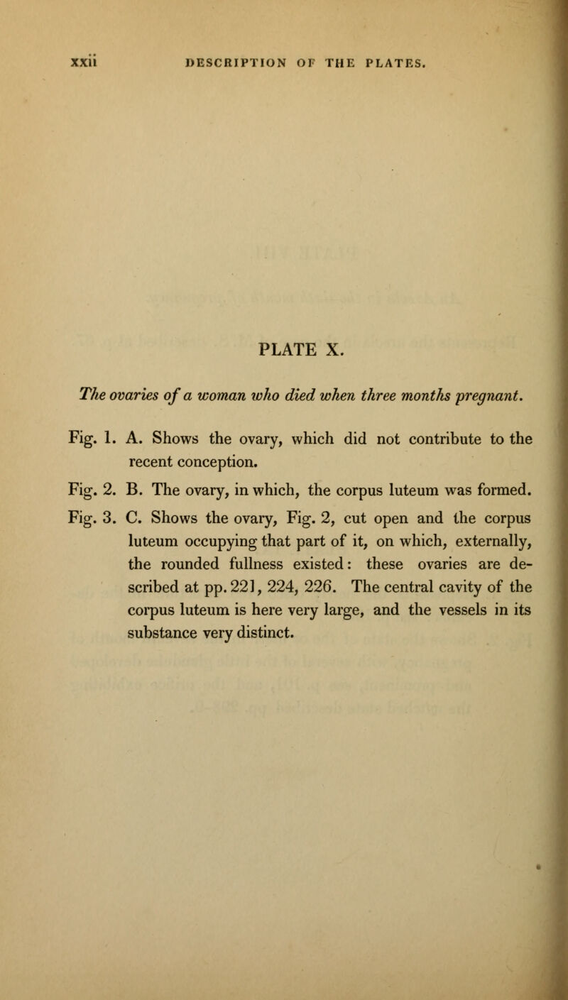 PLATE X. The ovaries of a woman who died when three months pregnant. Fig. 1. A. Shows the ovary, which did not contribute to the recent conception. Fig. 2. B. The ovary, in which, the corpus luteum was formed. Fig. 3. C. Shows the ovary, Fig. 2, cut open and the corpus luteum occupying that part of it, on which, externally, the rounded fullness existed: these ovaries are de- scribed at pp. 221, 224, 226. The central cavity of the corpus luteum is here very large, and the vessels in its substance very distinct.