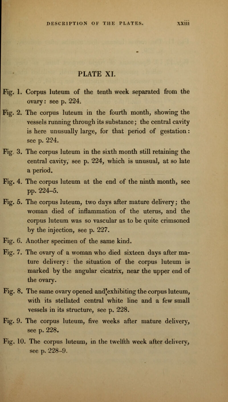 DESCRIPTION OF THE PLATES. Will PLATE XL Fig. 1. Corpus luteum of the tenth week separated from the ovary: see p. 224. Fig. 2. The corpus luteum in the fourth month, showing the vessels running through its substance; the central cavity is here unusually large, for that period of gestation: see p. 224. Fig. 3. The corpus luteum in the sixth month still retaining the central cavity, see p. 224, which is unusual, at so late a period. Fig. 4. The corpus luteum at the end of the ninth month, see pp. 224-5. Fig. 5. The corpus luteum, two days after mature delivery; the woman died of inflammation of the uterus, and the corpus luteum was so vascular as to be quite crimsoned by the injection, see p. 227. Fig. 6. Another specimen of the same kind. Fig. 7. The ovary of a woman who died sixteen days after ma- ture delivery: the situation of the corpus luteum is marked by the angular cicatrix, near the upper end of the ovary. Fig. 8. The same ovary opened and'exhibiting the corpus luteum, with its stellated central white line and a few small vessels in its structure, see p. 228. Fig. 9. The corpus luteum, five weeks after mature delivery, see p. 228. Fig. 10. The corpus luteum, in the twelfth week after delivery, see p. 228-9.