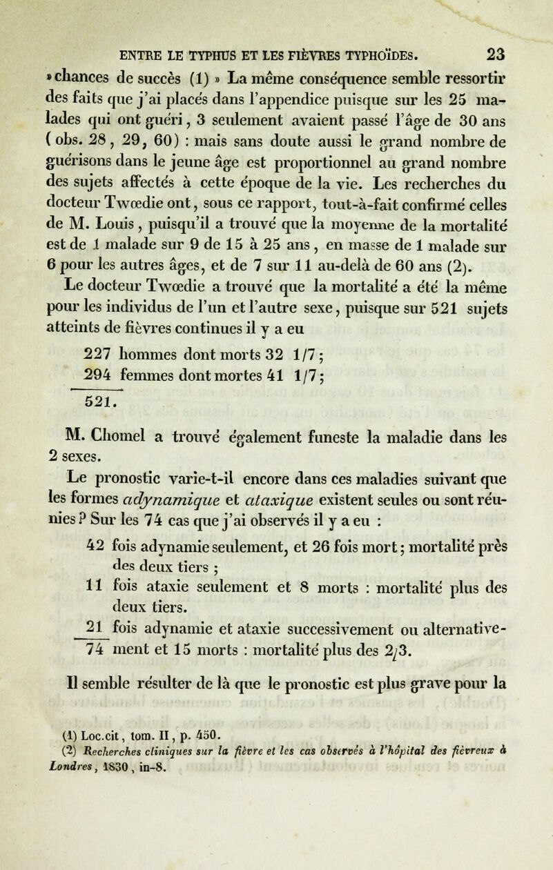 • chances de succès (1) » La même conséquence semble ressortir des faits que j'ai placés dans l'appendice puisque sur les 25 ma- lades qui ont guéri, 3 seulement avaient passé l'âge de 30 ans ( obs. 28, 29, 60) : mais sans doute aussi le grand nombre de guérisons dans le jeune âge est proportionnel au grand nombre des sujets affectés à cette époque de la vie. Les recherches du docteur Twœdie ont, sous ce rapport, tout-à-fait confirmé celles de M. Louis , puisqu'il a trouvé que la moyenne de la mortalité est de 1 malade sur 9 de 15 à 25 ans , en masse de 1 malade sur 6 pour les autres âges, et de 7 sur 11 au-delà de 60 ans (2). Le docteur Twœdie a trouvé que la mortalité a été la même pour les individus de l'un et l'autre sexe, puisque sur 521 sujets atteints de fièvres continues il y a eu 227 hommes dont morts 32 1/7; 294 femmes dont mortes 41 1/7; 521. M. Chomel a trouvé également funeste la maladie dans les 2 sexes. Le pronostic varie-t-il encore dans ces maladies suivant que les formes adjnamique et ataxique existent seules ou sont réu- nies ? Sur les 74 cas que j'ai observés il y a eu : 42 fois adynamie seulement, et 26 fois mort ; mortalité près des deux tiers ; 11 fois ataxie seulement et 8 morts : mortalité plus des deux tiers. 21 fois adynamie et ataxie successivement ou alternative- 74 ment et 15 morts : mortalité plus des 2/3. Il semble résulter de là que le pronostic est plus grave pour la (1) Loc.cit, toro. II, p. 450. (*2) Recherches cliniques sur la fièvre et les cas observés à l'hôpital des fiévreux à Londres, 1830 , in-8.