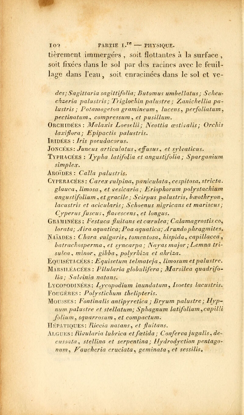 tièrement immergées , soit flottantes à la surface , soit fixées dans le sol par des racines avec le feuil- lage dans l'eau, soit enracinées dans le sol et ve- des; Sagittaria sagittifolia; Butomus umbellatus; Scheu- chzeria palustris; Triglochin palustre ; Zanichellia pa- lustris ; Potamogeton gramineum, lucens, perfoliatum, pectinatum, compressant, et pusillum. ORCHIDÉES : Malaxis Loeselii; Neottia œstivalis; Orchis laxiflora ; Epipactis palus tris. Ir IDÉES : Iris pseudacorus. JoNCÉES: Juncus articulatus? effusus, et sylvaticus. TYPH4CÉES : Typha latifolia et angustifolia; Sparganium simplex. ÀROÏDES : Calla palustris. CYFERACÉES : Carex vulpina, paniculata, cespitosa, stricta. glauca, limosa, et vesicaria ; Eriophorum polystachium angustifolium, et gracile ; Scirpus palustris, bœothryon, lacustris et acicularis; Schoenus nigricans et mariscus; Cyperus fuscus, flavescens, et longus. GRAMINÉES : Festuca fluitans etcœrulea; Calamagrostisco, lorata; Aira aquatica; Poa aquatica; Arundo phragmite s ^ NAÏADES : Cliara vulgaris, tomentosa, hispida, capillacca , batrachosperma, et syncarpa ; Nayas major ; Lemna tri- sulca^ minor, gibba, polyrhiza et ahriza. EquisÉTACÉES : Equisetum telmateja, limosum et palustre. Marsii.éACÉES : Pilularia globulifera ; Marsilea quadrifo- lia; Salvinia- natans. LYCOPODINÉES: Lycopodium inundatum, Isoetes lacustris. FOUGÈRES : Polystichum thelipteris. MOUSSES: Fontinalis antipyretica ; Bryum palustre ; Hyp- num palustre et stellatum; Sphagnum latifolium,capilli Jblium, squarrosum, et compactum. HÉPATIQUES: Riccia natans, et fluitans. ALGUES: Rivularia lubrica etfœtida; Conferva jugalis,de~ cussata, stellina et serpentina ; Hydrodyction pentago- num, Kaucheria cruciata, geminata, et sessilis.