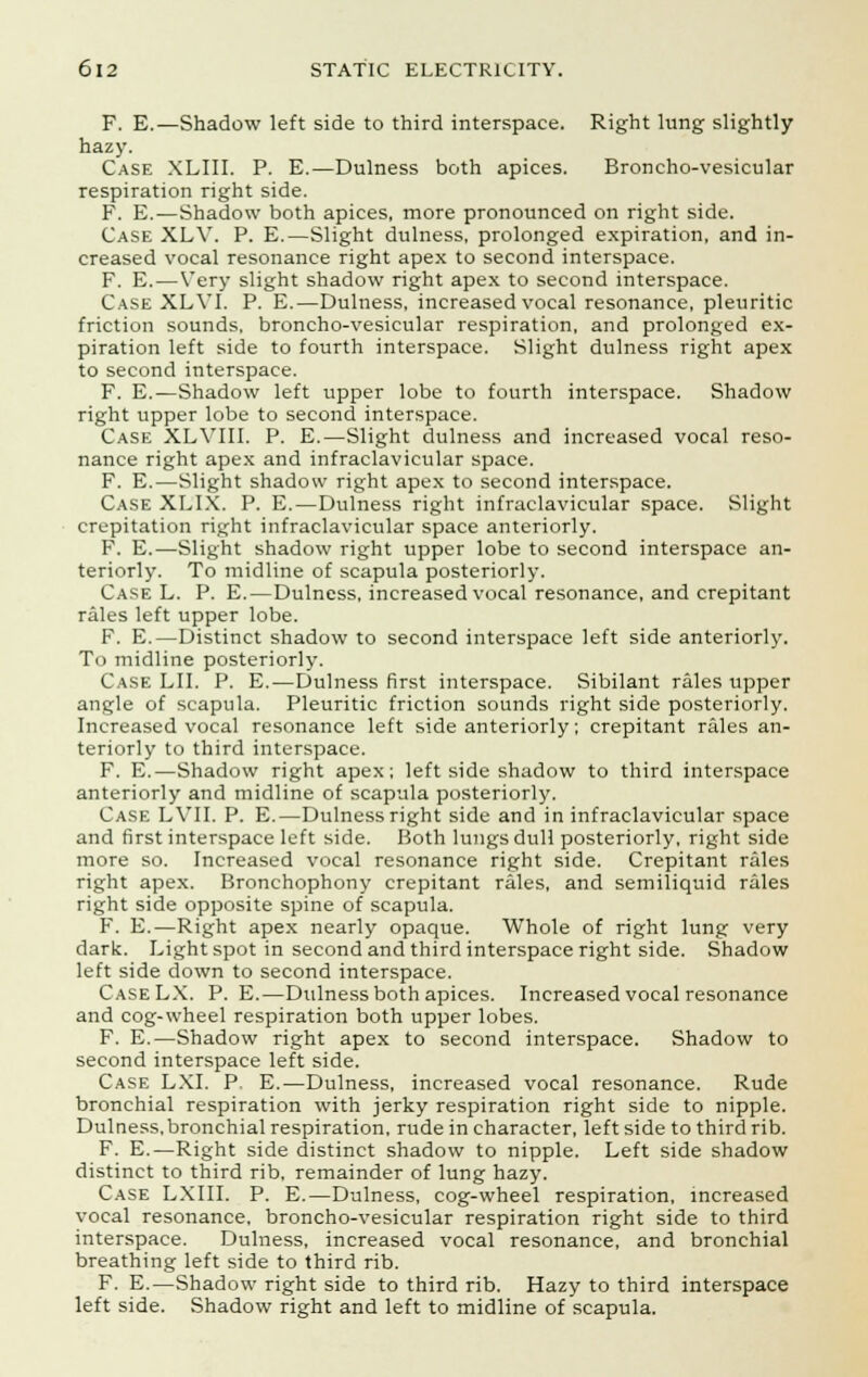 F. E.—Shadow left side to third interspace. Right lung slightly hazy. Case XLIII. P. E.—Dulness both apices. Broncho-vesicular respiration right side. F. E.—Shadow both apices, more pronounced on right side. Case XLV. P. E.—Slight dulness, prolonged expiration, and in- creased vocal resonance right apex to second interspace. F. E.—Very slight shadow right apex to second interspace. Case XLVI. P. E.—Dulness, increased vocal resonance, pleuritic friction sounds, broncho-vesicular respiration, and prolonged ex- piration left side to fourth interspace. Slight dulness right apex to second interspace. F. E.—Shadow left upper lobe to fourth interspace. Shadow right upper lobe to second interspace. Case XLYIII. P. E.—Slight dulness and increased vocal reso- nance right apex and infraclavicular space. F. E.—Slight shadow right apex to second interspace. Case XLIX. P. E.—Dulness right infraclavicular space. Slight crepitation right infraclavicular space anteriorly. F. E.—Slight shadow right upper lobe to second interspace an- teriorly. To midline of scapula posteriorly. Case L. P. E.—Dulness, increased vocal resonance, and crepitant rales left upper lobe. F. E.—Distinct shadow to second interspace left side anteriorly. To midline posteriorly. Case LII. P. E.—Dulness first interspace. Sibilant rales upper angle of scapula. Pleuritic friction sounds right side posteriorly. Increased vocal resonance left side anteriorly; crepitant rales an- teriorly to third interspace. F. E.—Shadow right apex; left side shadow to third interspace anteriorly and midline of scapula posteriorly. Case LVII. P. E.—Dulness right side and in infraclavicular space and first interspace left side. Both lungs dull posteriorly, right side more so. Increased vocal resonance right side. Crepitant rales right apex. Bronchophony crepitant rales, and semiliquid rales right side opposite spine of scapula. F. E.—Right apex nearly opaque. Whole of right lung very dark. Light spot in second and third interspace right side. Shadow left side down to second interspace. CaseLX. P. E.—Dulness both apices. Increased vocal resonance and cog-wheel respiration both upper lobes. F. E.—Shadow right apex to second interspace. Shadow to second interspace left side. Case LXI. P. E.—Dulness, increased vocal resonance. Rude bronchial respiration with jerky respiration right side to nipple. Dulness, bronchial respiration, rude in character, left side to third rib. F. E.—Right side distinct shadow to nipple. Left side shadow distinct to third rib, remainder of lung hazy. Case LXIII. P. E.—Dulness, cog-wheel respiration, increased vocal resonance, broncho-vesicular respiration right side to third interspace. Dulness, increased vocal resonance, and bronchial breathing left side to third rib. F. E.—Shadow right side to third rib. Hazy to third interspace left side. Shadow right and left to midline of scapula.