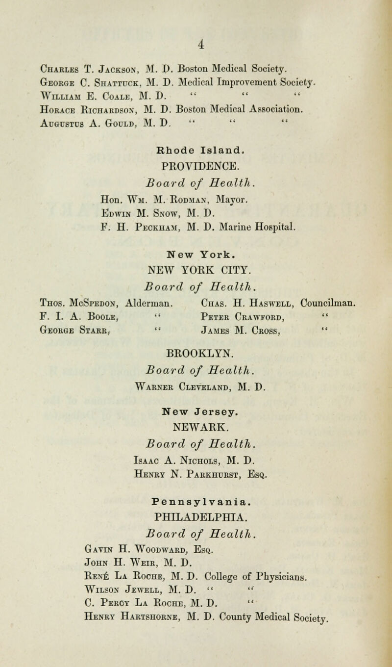 Charles T. Jackson, M. D. Boston Medical Society. George C. Shattuck, M. D. Medical Improvement Society. William E. Coale, M. D. Horace Kichardson, M. D. Boston Medical Association. Augustus A. Gould, M. D. Rhode Island. PROVIDENCE. Board of Health. Hon. Wm. M. Rodman, Mayor. Edwin M. Snow, M. D. F. H. Peckham, M. D. Marine Hospital. New York. NEW YORK CITY. Board of Health. Thos. McSpedon, Alderman. Chas. H. Haswell, Councilman. F. I. A. Boole, Peter Crawford, George Starr, James M. Cross, BROOKLYN. Board of Health. Warner Cleveland, M. D. New Jersey. NEWARK. Board of Health. Isaac A. Nichols, M. D. Henry N. Parkhurst, Esq. Pennsylvania. PHILADELPHIA. Board of Health. Gavin H. Woodward, Esq. John H. Weir, M. D. Rene La Roche, M. D. College of Physicians. Wilson Jewell, M. D. C. Percy La Roche, M. D. Henry Hartshorne, M. D. County Medical Society.
