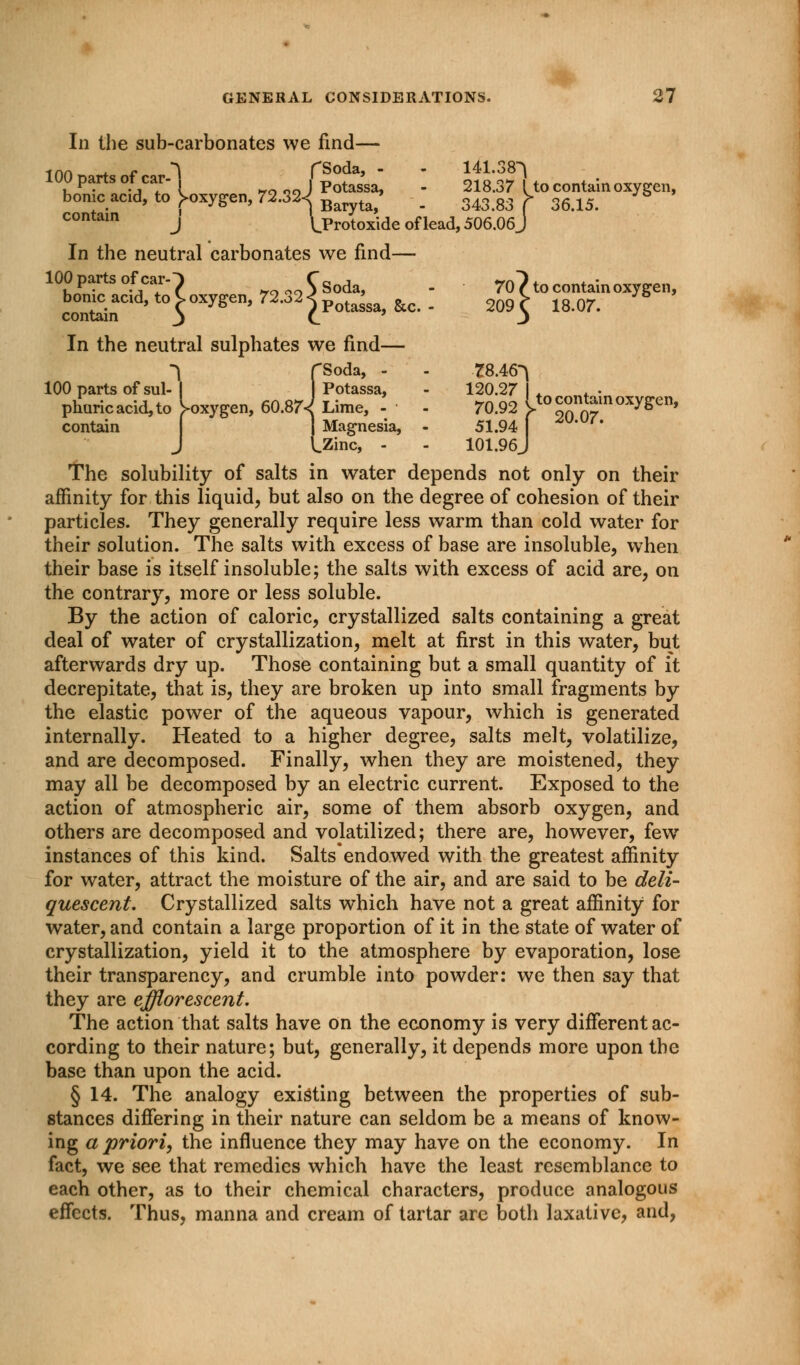In the sub-carbonates we find— tnn ~* c \ fSoda, - - 141.38^ iuu parts ot car- J , p _ 21g 3Jr . t contain oxygen borne acid, to ^oxygen, 72.32,' > . 343 g3 V 3(U5> contam j LProtoxide of lead, 506.06 J In the neutral carbonates we find— 100 parts of carO A Soda, - 70? to contain oxygen, contoinCl djt°5°Xygen >72'32£potassa,&c.- 209$ 18.07. In the neutral sulphates we find— Potassa, - 120.27 , Uygen, 60.87^ Lime, - - 70.92 l*o contain oxygen, 20.07. \ fSoda, - - 78.46^ 100 parts of sul- phuric acid, to contain | Magnesia, - 51.94 LZinc, - - 101.96 The solubility of salts in water depends not only on their affinity for this liquid, but also on the degree of cohesion of their particles. They generally require less warm than cold water for their solution. The salts with excess of base are insoluble, when their base is itself insoluble; the salts with excess of acid are, on the contrary, more or less soluble. By the action of caloric, crystallized salts containing a great deal of water of crystallization, melt at first in this water, but afterwards dry up. Those containing but a small quantity of it decrepitate, that is, they are broken up into small fragments by the elastic power of the aqueous vapour, which is generated internally. Heated to a higher degree, salts melt, volatilize, and are decomposed. Finally, when they are moistened, they may all be decomposed by an electric current. Exposed to the action of atmospheric air, some of them absorb oxygen, and others are decomposed and volatilized; there are, however, few instances of this kind. Salts endowed with the greatest affinity for water, attract the moisture of the air, and are said to be deli- quescent. Crystallized salts which have not a great affinity for water, and contain a large proportion of it in the state of water of crystallization, yield it to the atmosphere by evaporation, lose their transparency, and crumble into powder: we then say that they are efflorescent. The action that salts have on the economy is very different ac- cording to their nature; but, generally, it depends more upon the base than upon the acid. § 14. The analogy existing between the properties of sub- stances differing in their nature can seldom be a means of know- ing a priori, the influence they may have on the economy. In fact, we see that remedies which have the least resemblance to each other, as to their chemical characters, produce analogous effects. Thus, manna and cream of tartar are both laxative, and,